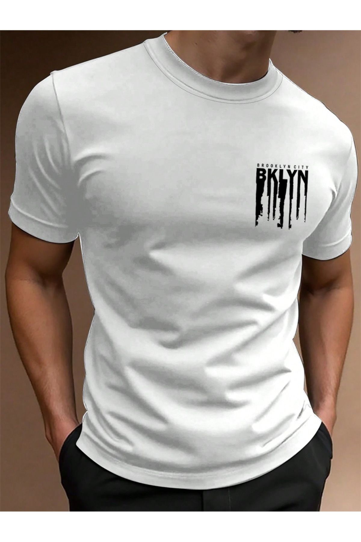EFFRENATU BKLYN Baskılı Pamuklu Kumaş Bisiklet Yaka Beyaz Kısa Kol Erkek T-shirt