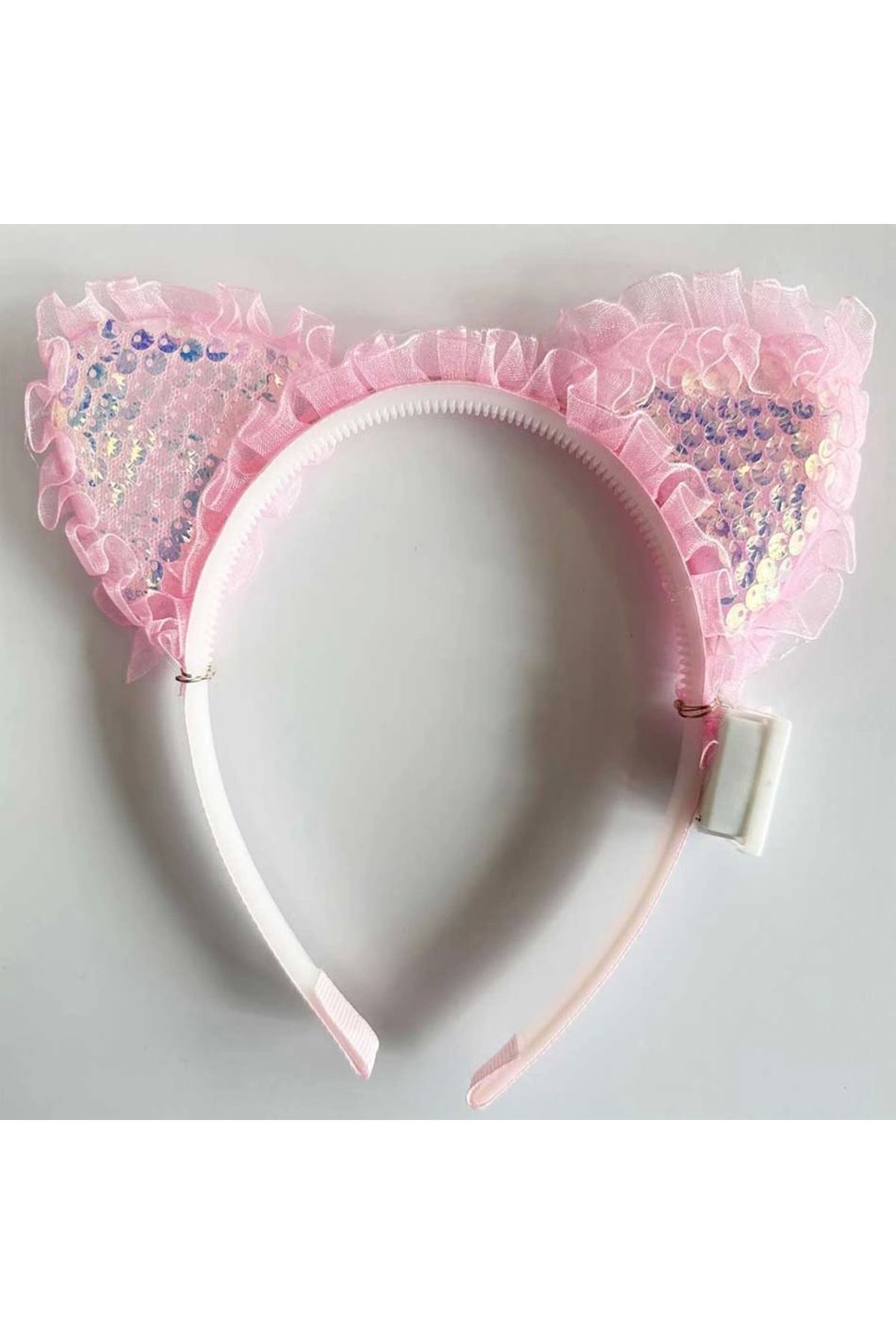 OurStyles Kenarları Dantelli Pembe Pullu Payetli Led Işıklı Kedi Kulak Taç 17x19 cm