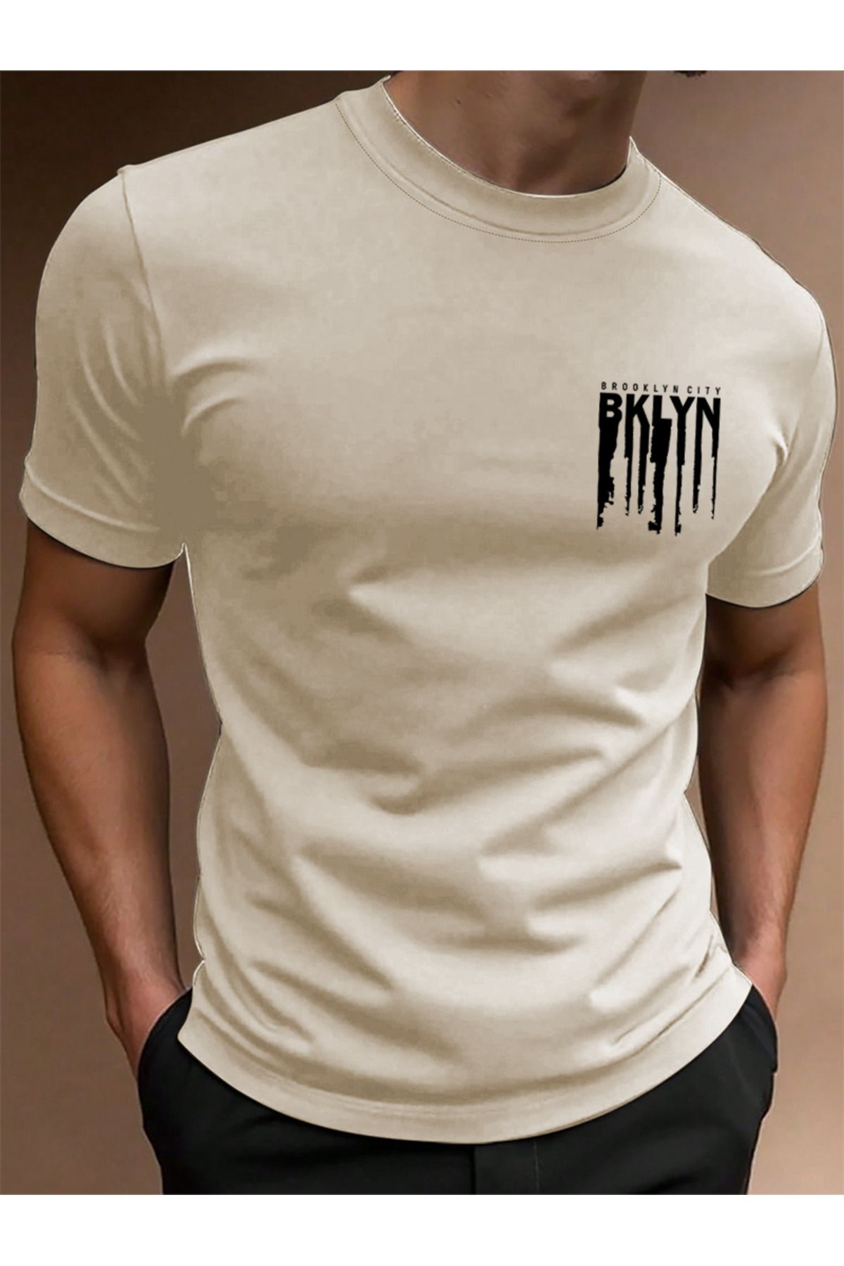EFFRENATU BKLYN Baskılı Pamuklu Kumaş Bisiklet Yaka Bej Kısa Kol Erkek T-shirt