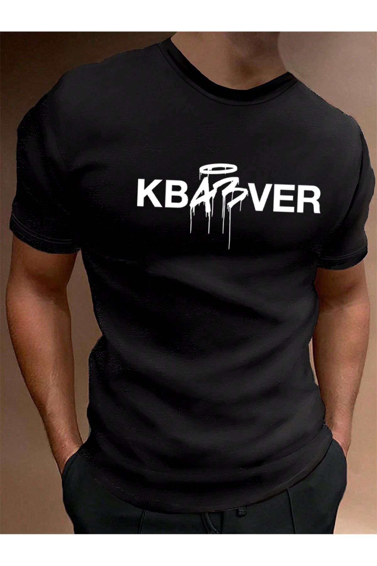 EFFRENATU KBABVER Baskılı Pamuklu Kumaş Bisiklet Yaka Siyah Kısa Kol Erkek T-shirt