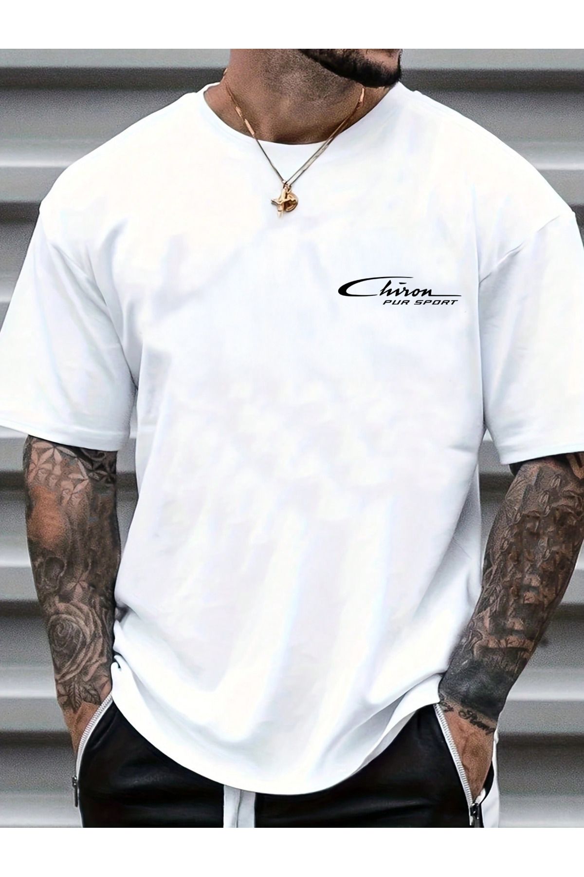 EFFRENATU Chiron Per Sport Baskılı Pamuklu Kumaş Bisiklet Yaka Beyaz Kısa Kol Erkek T-shirt