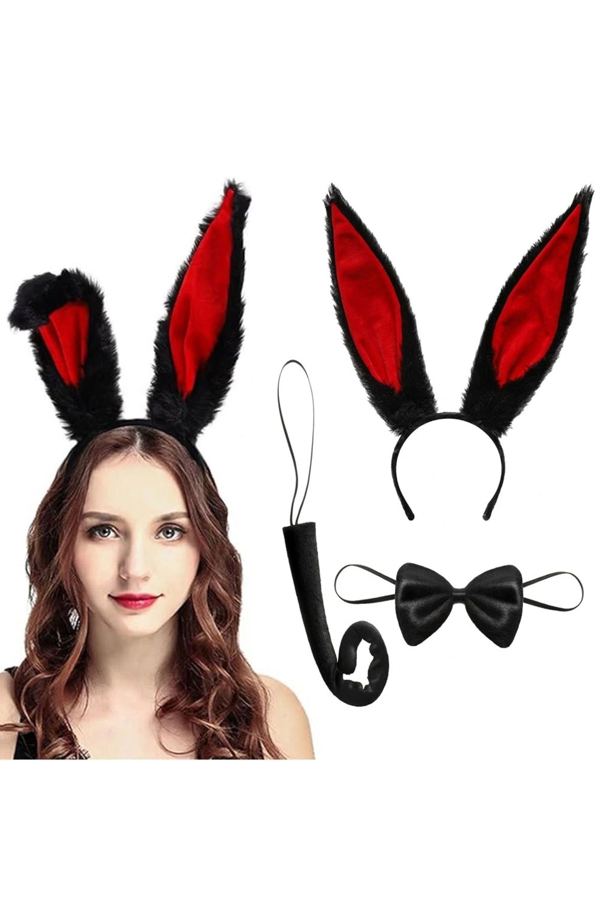 OurStyles Siyah Kırmızı Renk Peluş Tavşan Kulak Papyon Kuyruk Yetişkin Boy