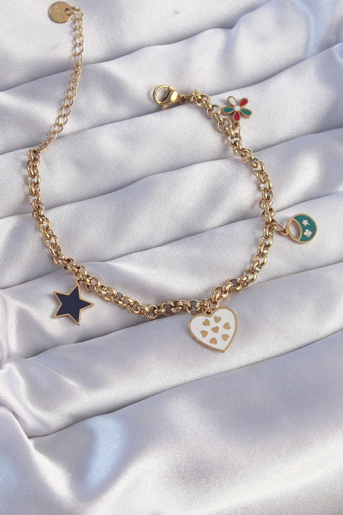 OurStyles 316L Çelik Gold Renk Mineli Çoklu Aksesuar Tasarımlı Zincir Bileklik - TJ-BB6185