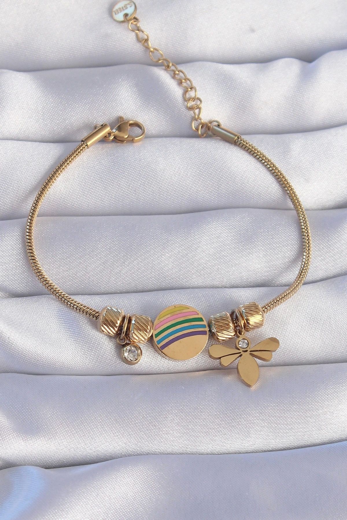 OurStyles 316L Çelik Gold Renk Zirkon Taşlı Gökkuşağı Tasarımlı Yusufçuk Bileklik - TJ-BB6204