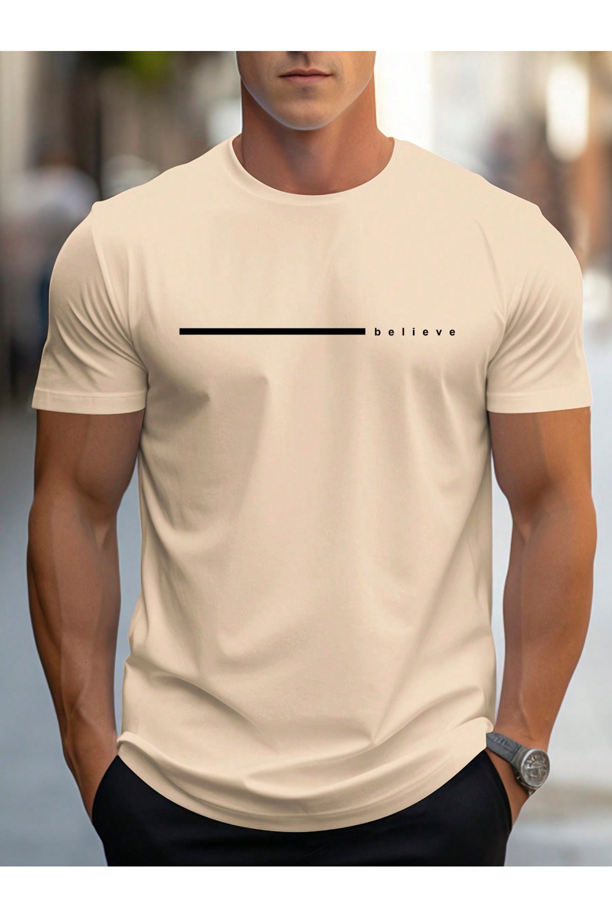 EFFRENATU İnanmak Baskılı Pamuklu Kumaş Bisiklet Yaka Bej Kısa Kol Erkek T-shirt