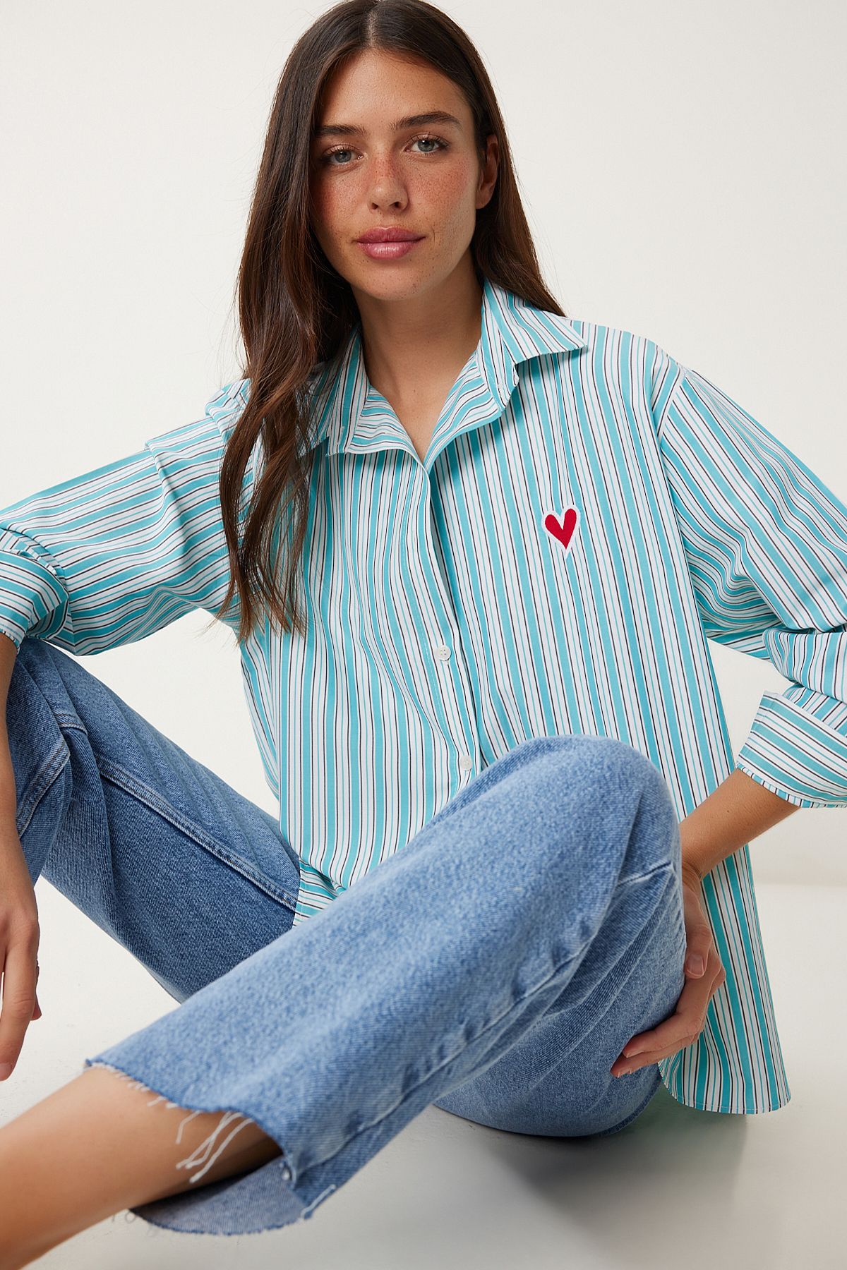 Lovelyİstanbul Kalp Baskılı Çizgili Oversize Dokuma Gömlek SU YEŞİLİ LDP0050