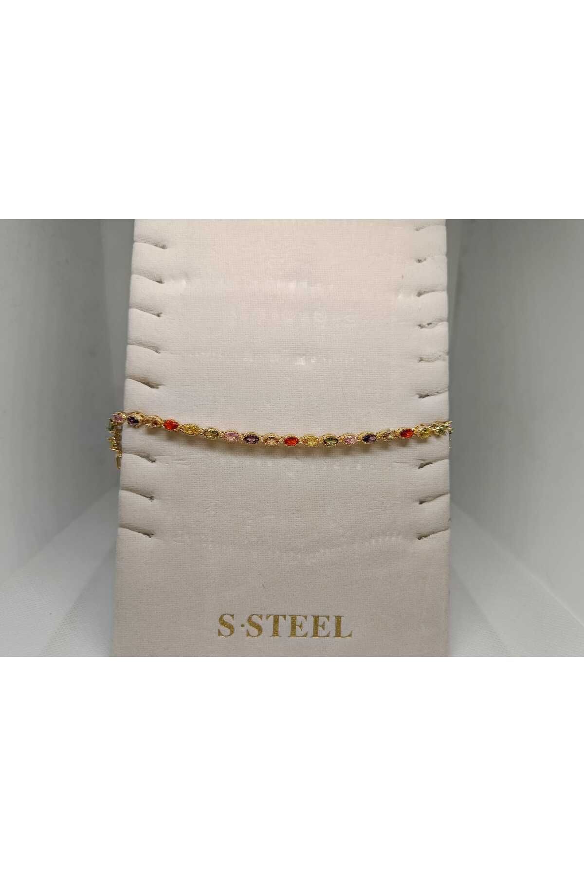 Stor 316l Renkli Taşlı Paslanmaz Gold Bileklik