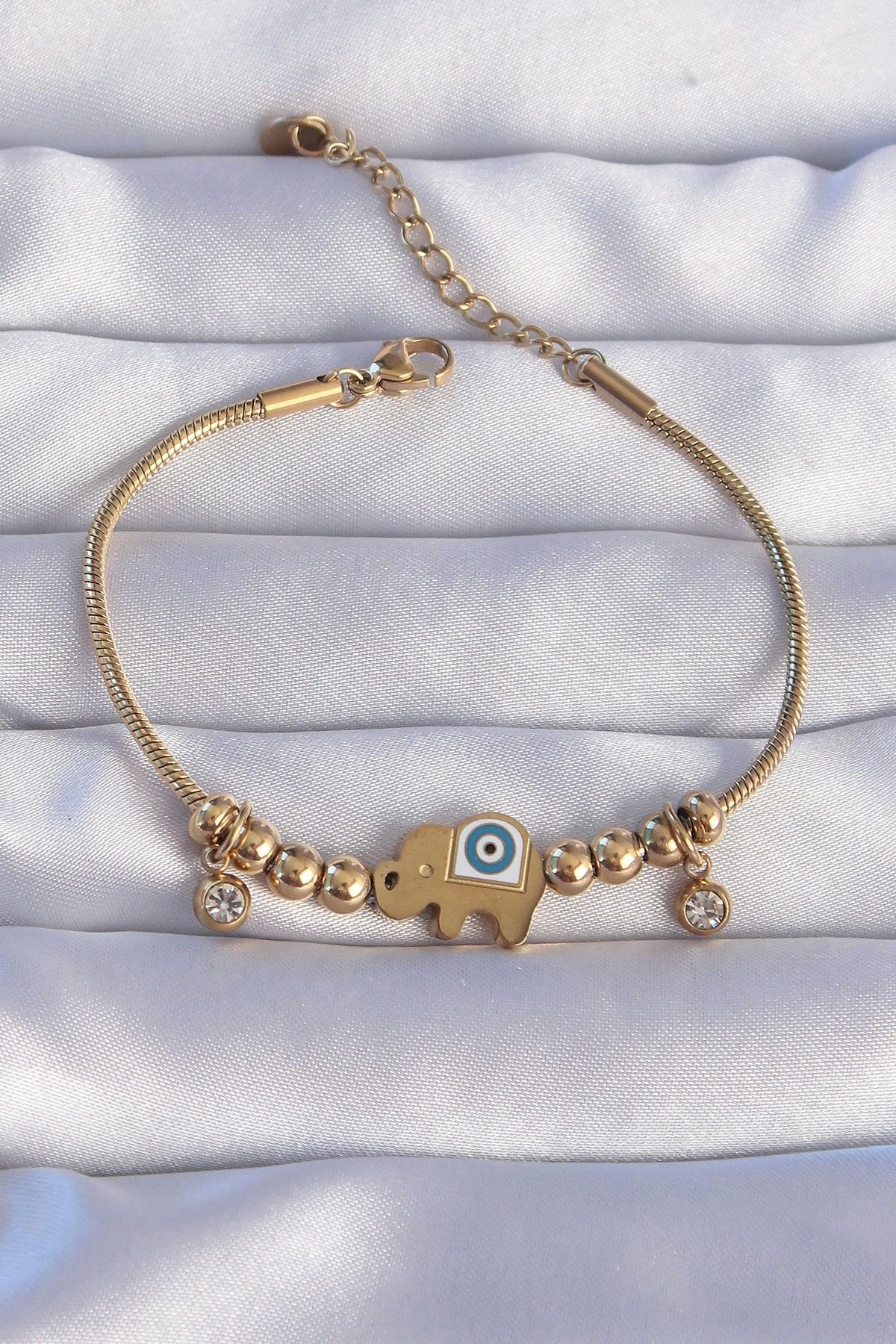 OurStyles 316L Çelik Gold Renk Zirkon Taşlı Nazarlı Fil Tasarımlı Bileklik - TJ-BB6202
