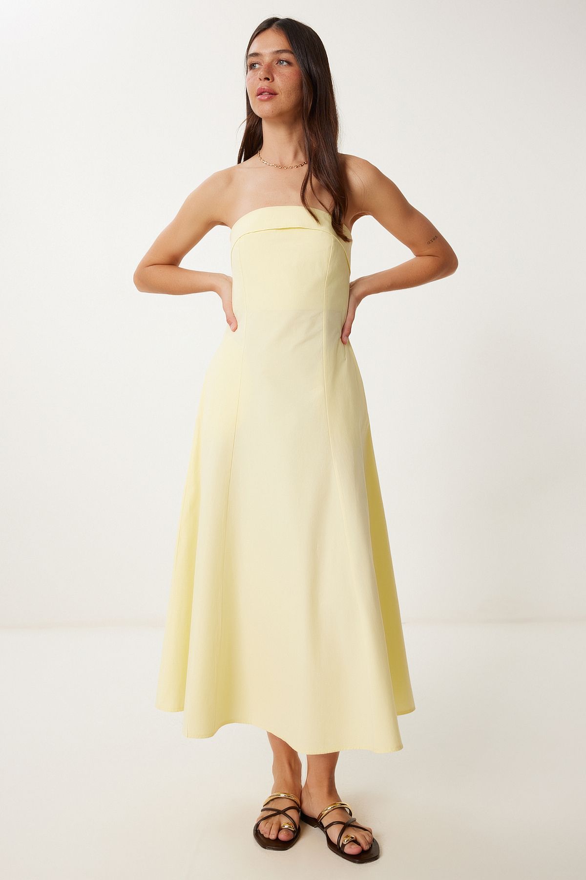 Lovelyİstanbul Straplez Midi Popin Elbise SARI LFK0009