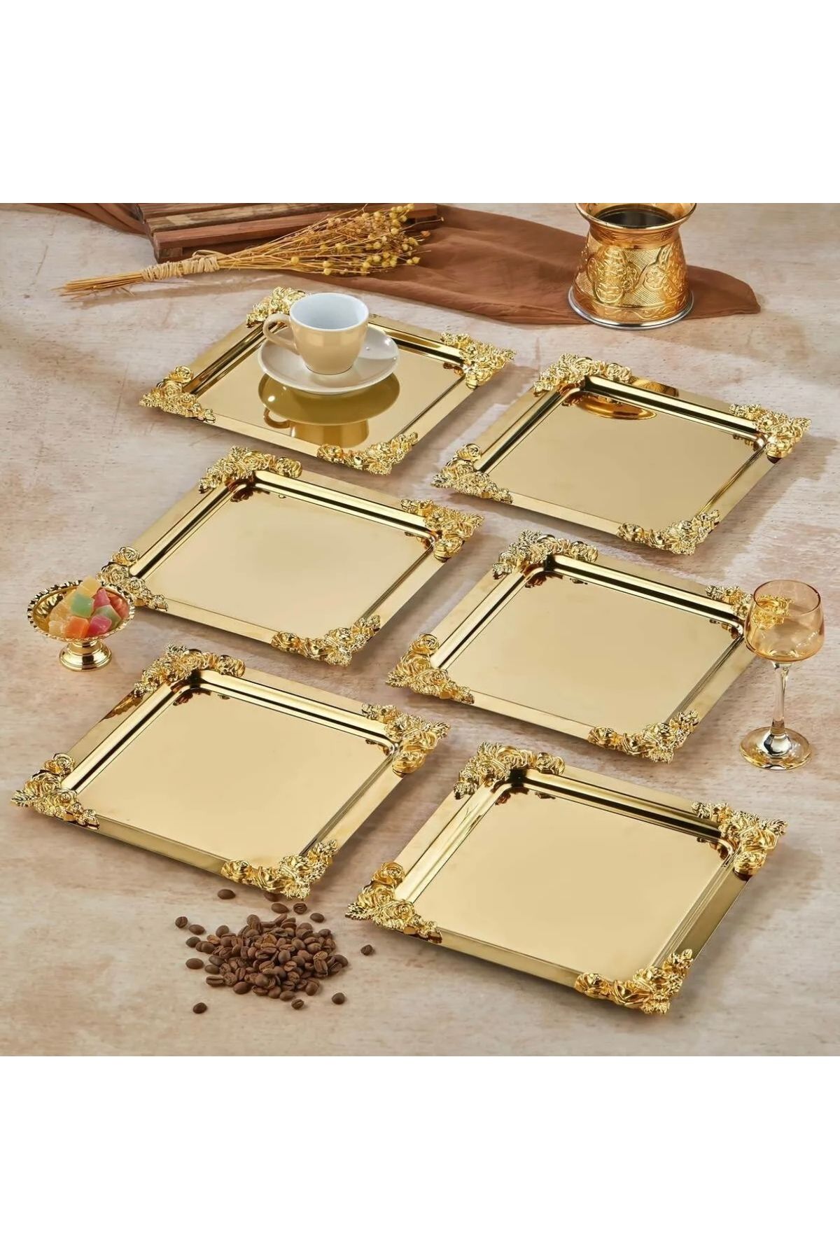 SEVA ÇELİK 6 ADET ÇELİK GOLD RENK KARE DÖRT KÖŞE AKSESUARLI SERVİS VE SUNUM TEPSİSİ