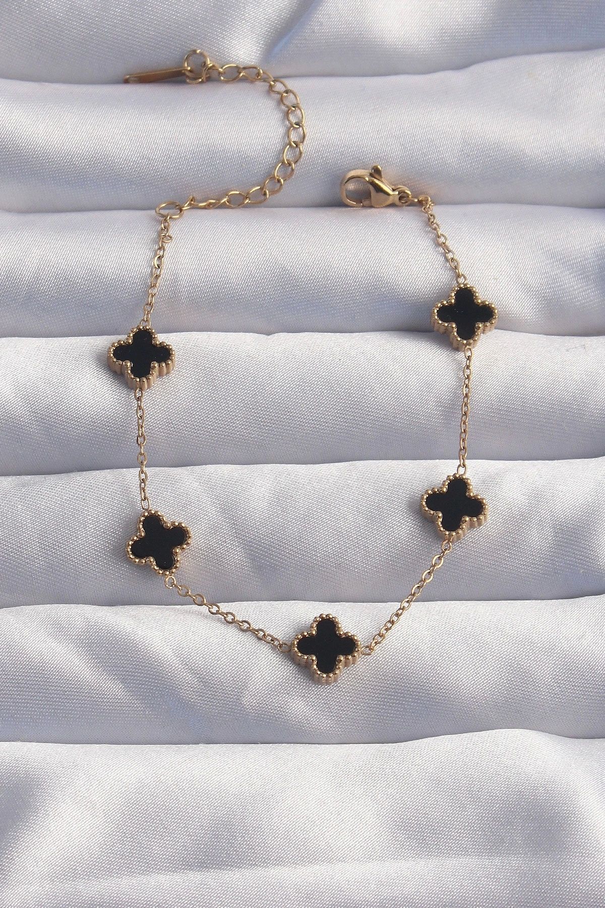 OurStyles 316L Çelik Baby Boy Gold Renk Siyah Mineli Yonca Bileklik - TJ-BB6276