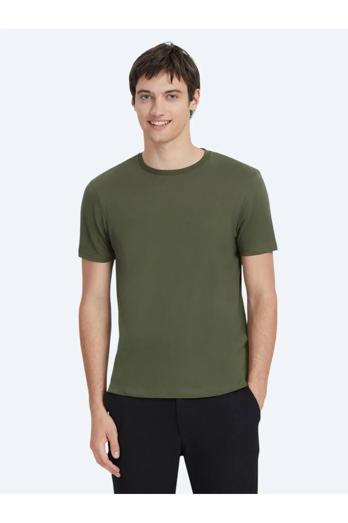 Kip Haki Düz Bisiklet Yaka %100 Pamuk T-Shirt