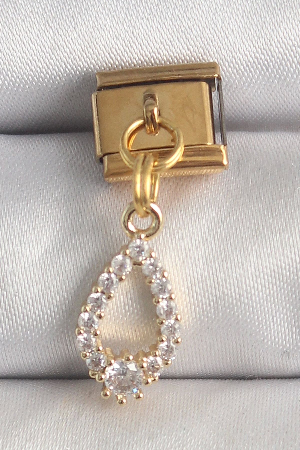 luz&pos 316L Çelik Gold Renk Sallantı Zirkon Taşlı Damla Model Nomination Charm