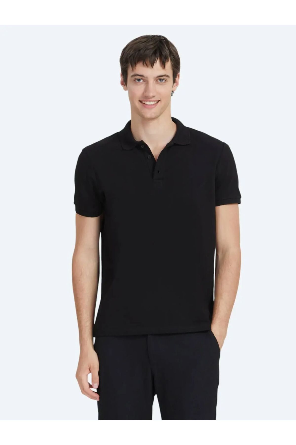 Kip Siyah Düz Polo Yaka %100 Pamuk T-Shirt