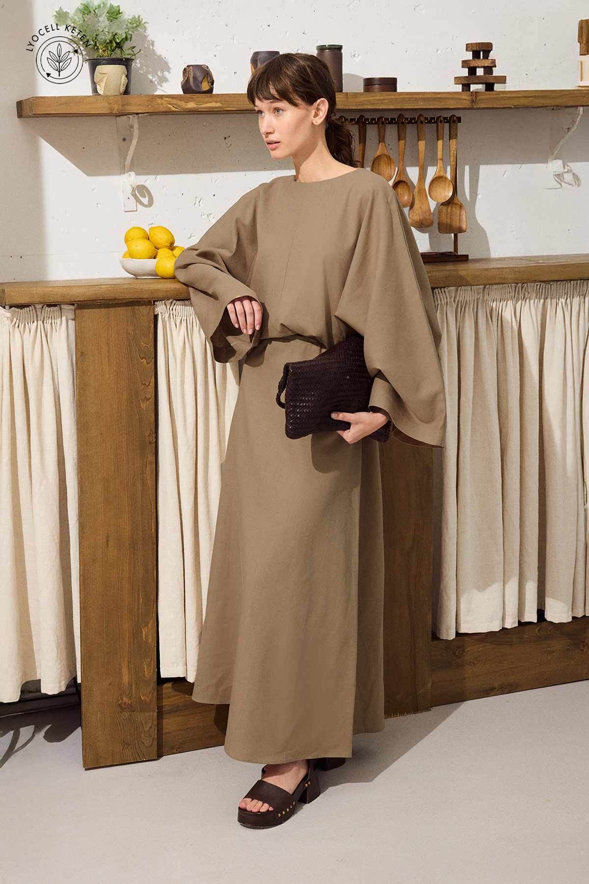 Hooopstore Lyocell Keten Dökümlü Sütlü Kahve Tunik Elbise