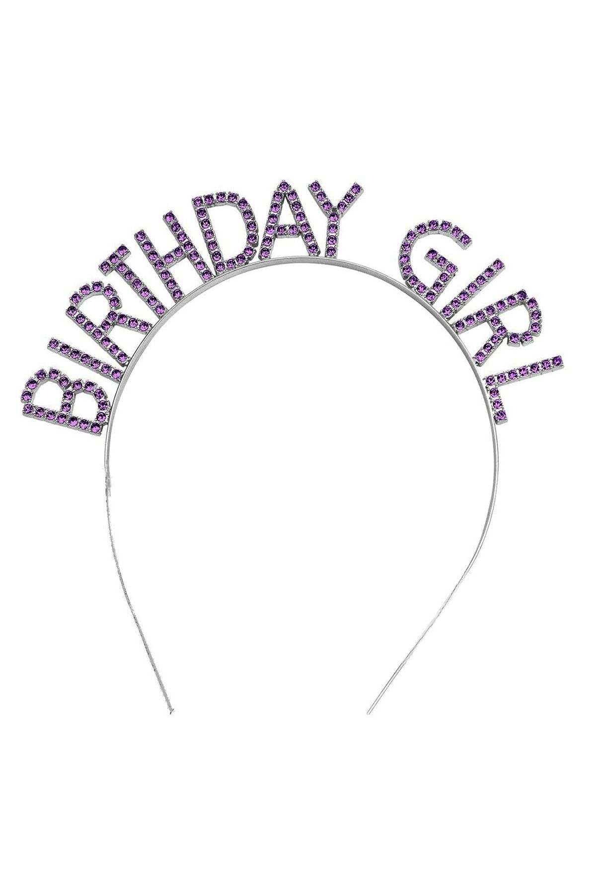 feifei Mor Renk Kristal Taşlı Parlak Birthday Girl Yazılı Taç 16X17 Cm