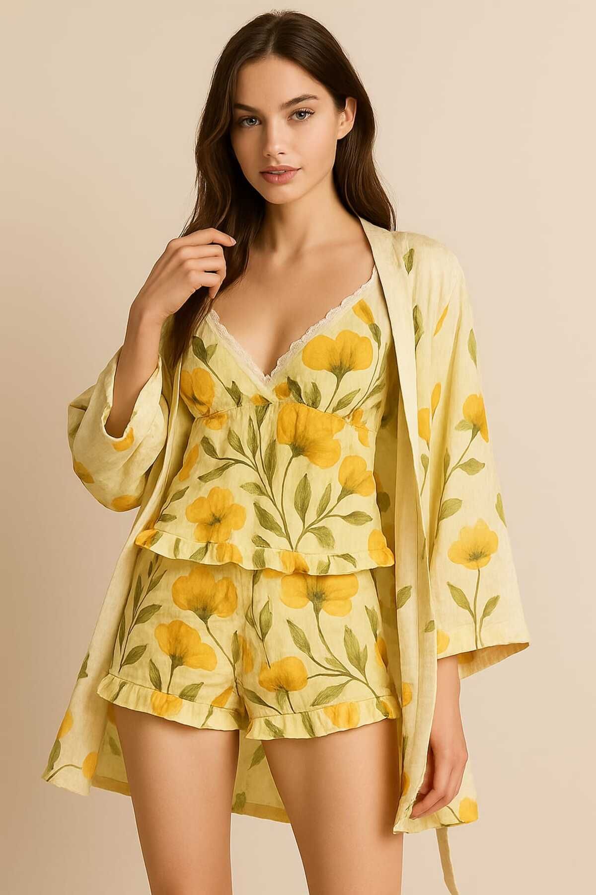 PEMBİŞ HOMEWEAR Bürümcük Askılı Sarı Yeşil Çiçek Desenli Sabahlıklı Şort Takımı