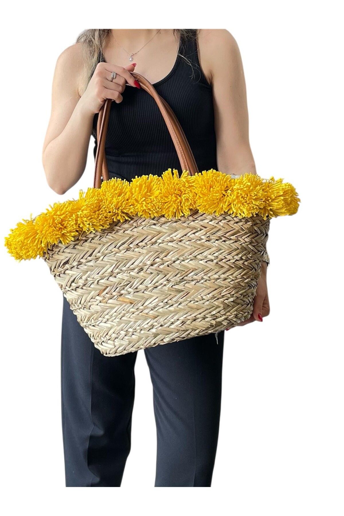 MyladyAccessoriess Sarı Çiçek Detaylı Hasır Büyük Çanta