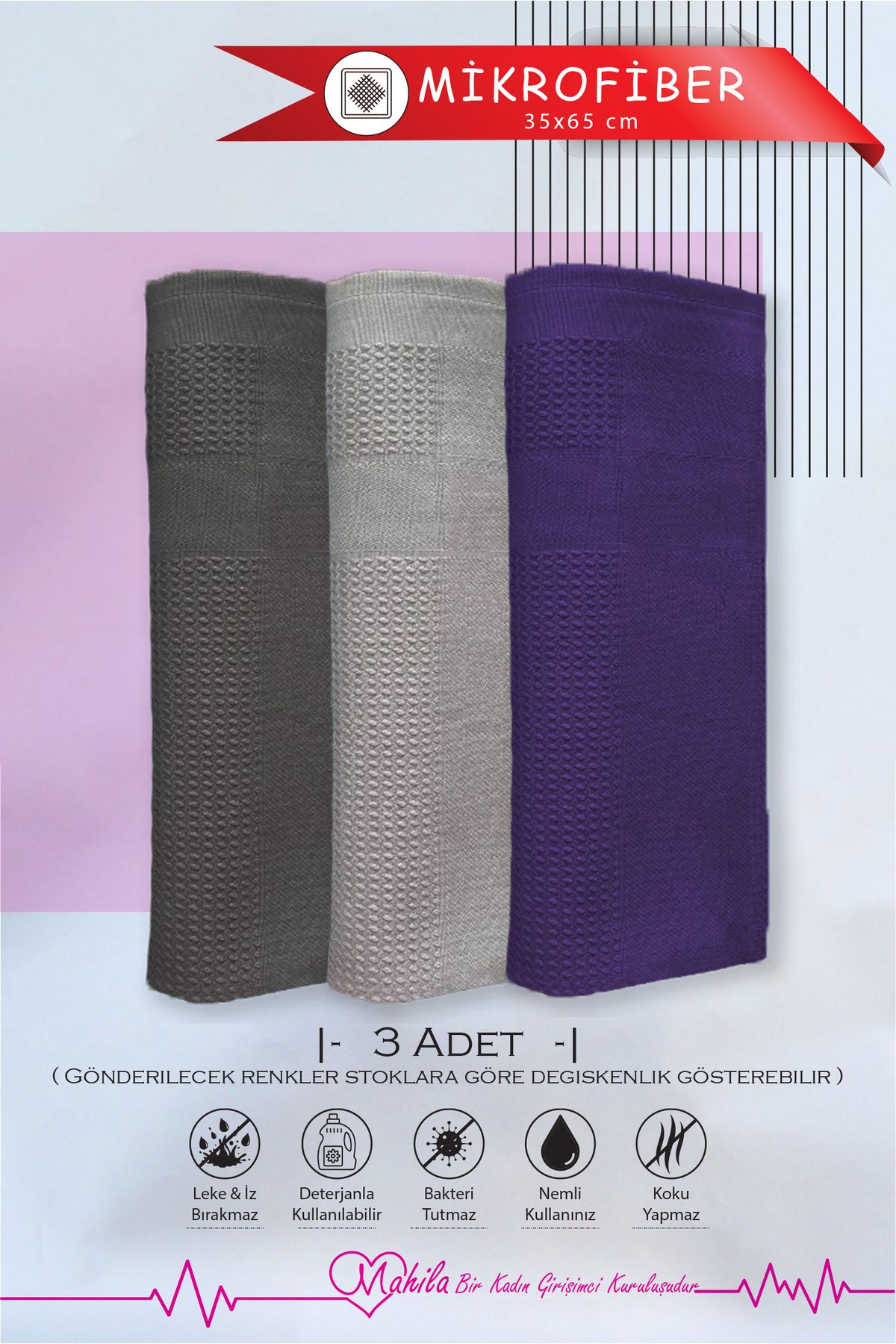 Mahila Premium Bez, 3 Adet 35x60cm Sihirli Bez, Mikrofiber Temizlik Bezi, İz Bırakmaz Bez, Cam Ayna Bezi