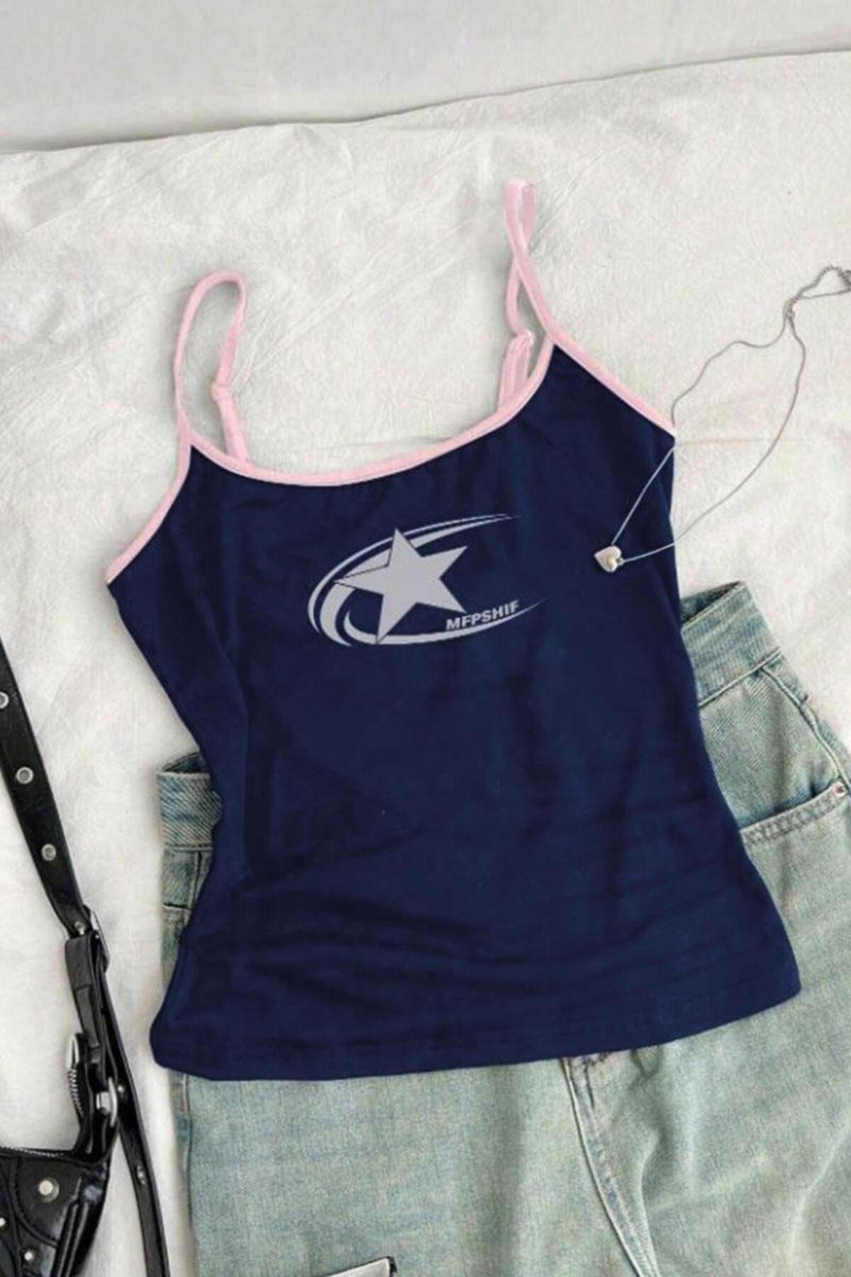 BALİNA Lacivert Cosmos Star Graphic Askılı Crop - ALH