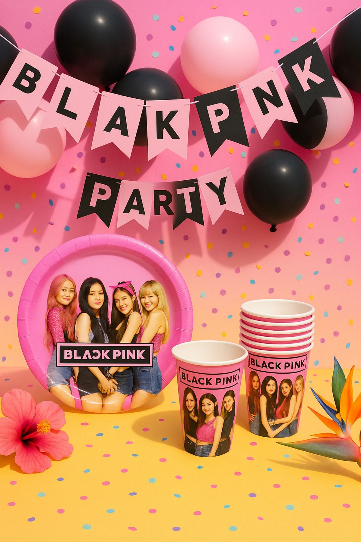 UVERTE Blackpink Temalı Parti Seti - 8 Kişilik Kağıt Tabak ve Bardak Takımı | K-Pop Doğum Günü Seti