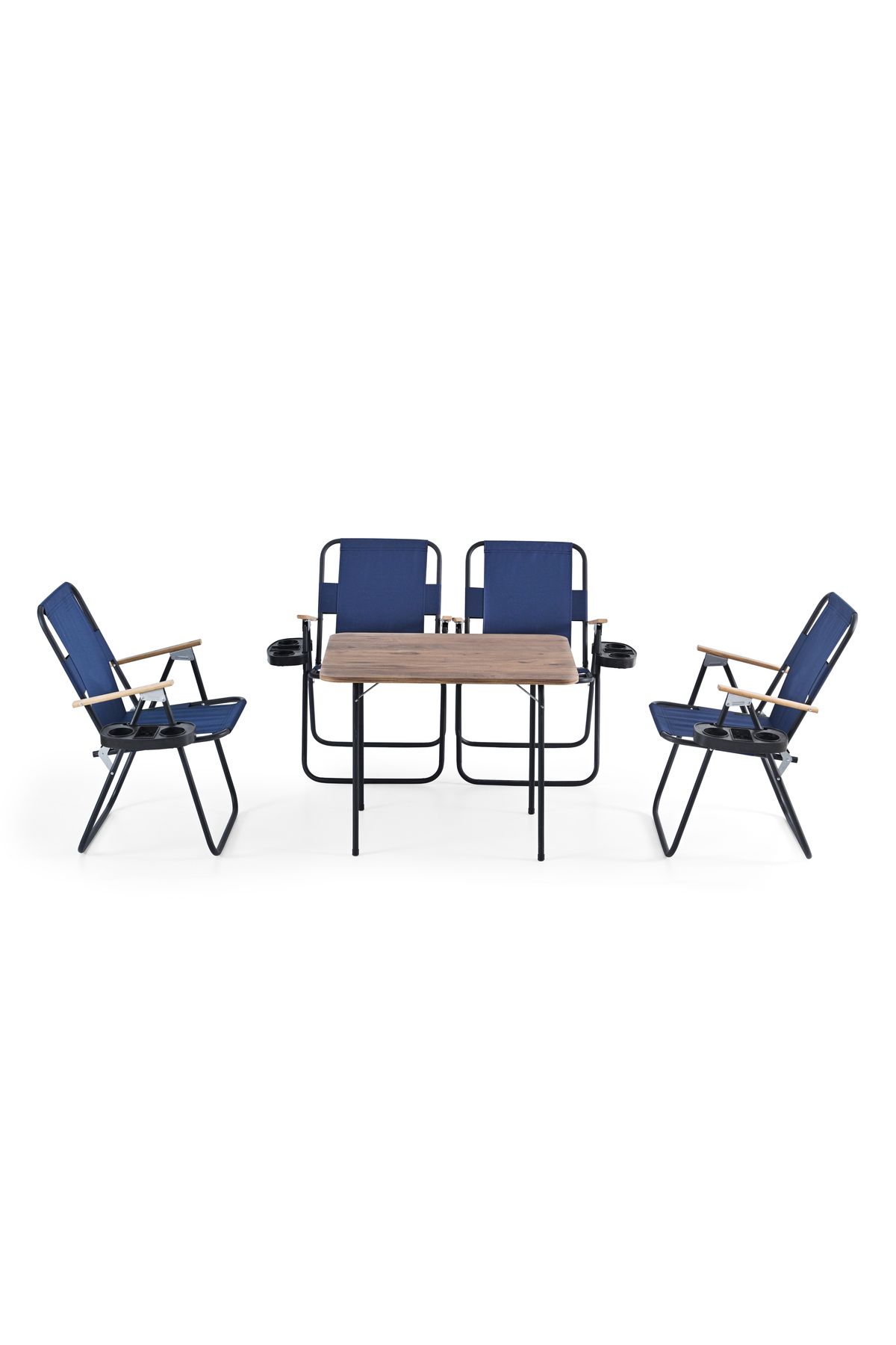 Remaks 4 adet Katlanır Kollu Bardaklıklı 4lü Kamp Sandalyesi Lacivert Ve 60x80 Meşe Katlanır Masa