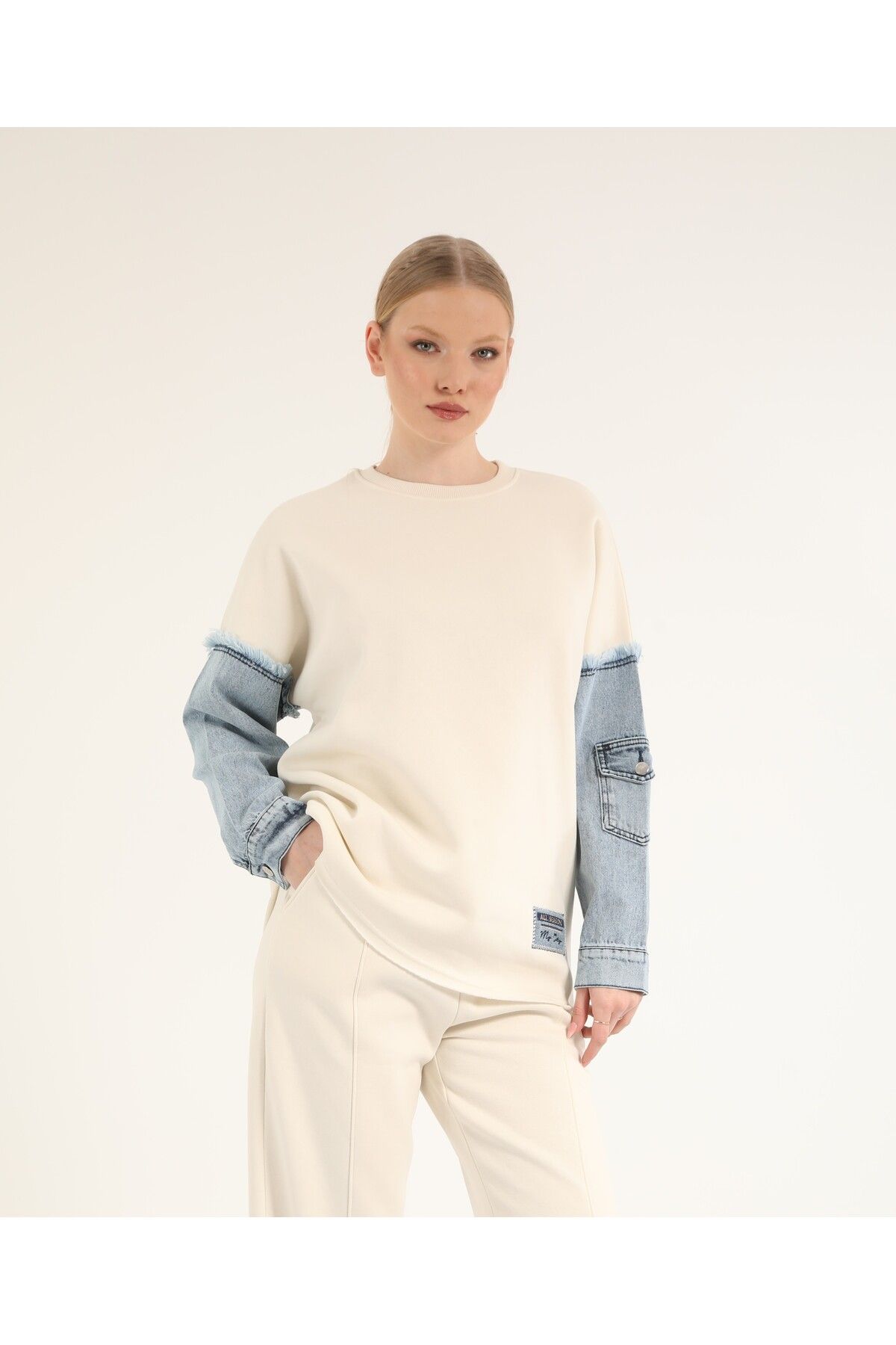 Suede Style 5301 - 3 İplik Rahat, Salaş Kolu Kot Detaylı Kadın Uzun Sweatshirt