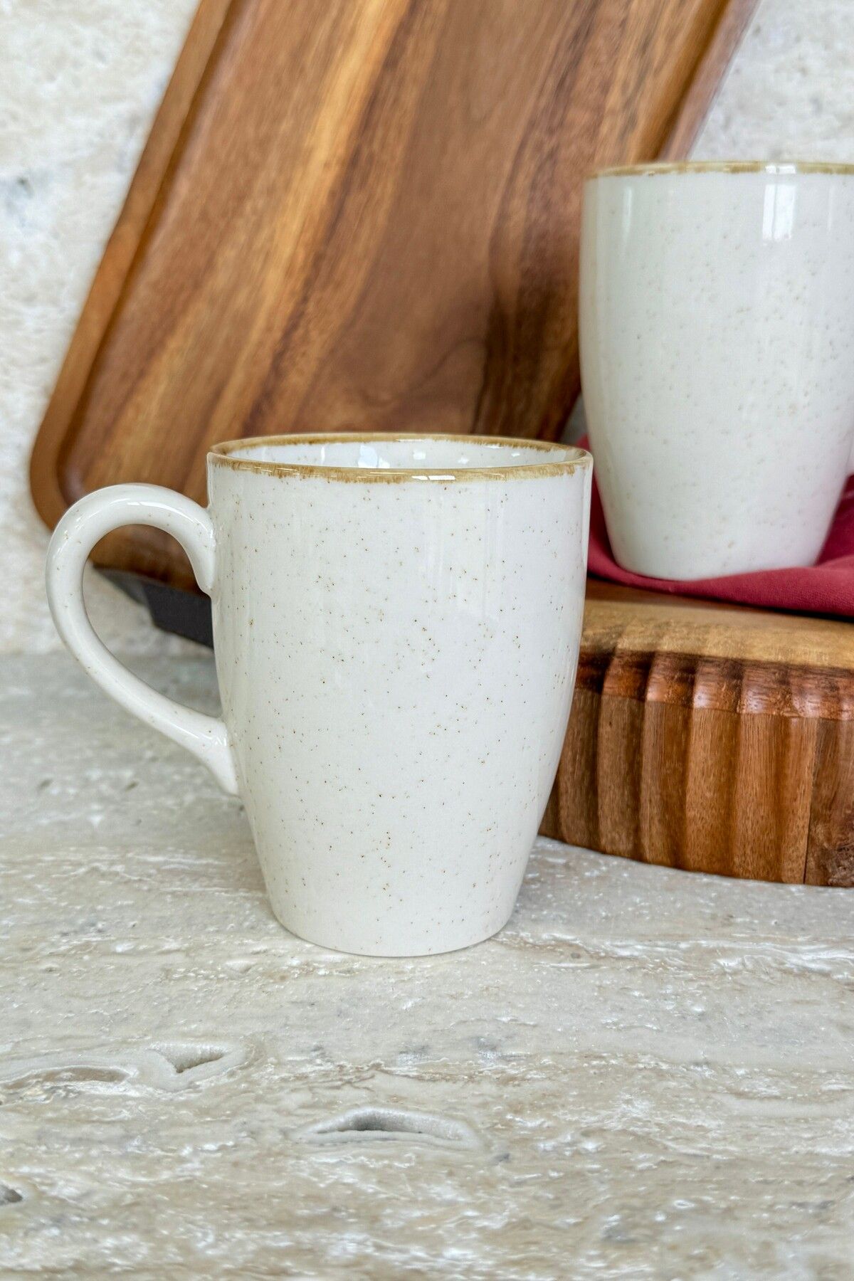 porselenden Moderna 2 Adet Büyük Boy Kupa Mug Bardak Tarçın Beneklği Krem