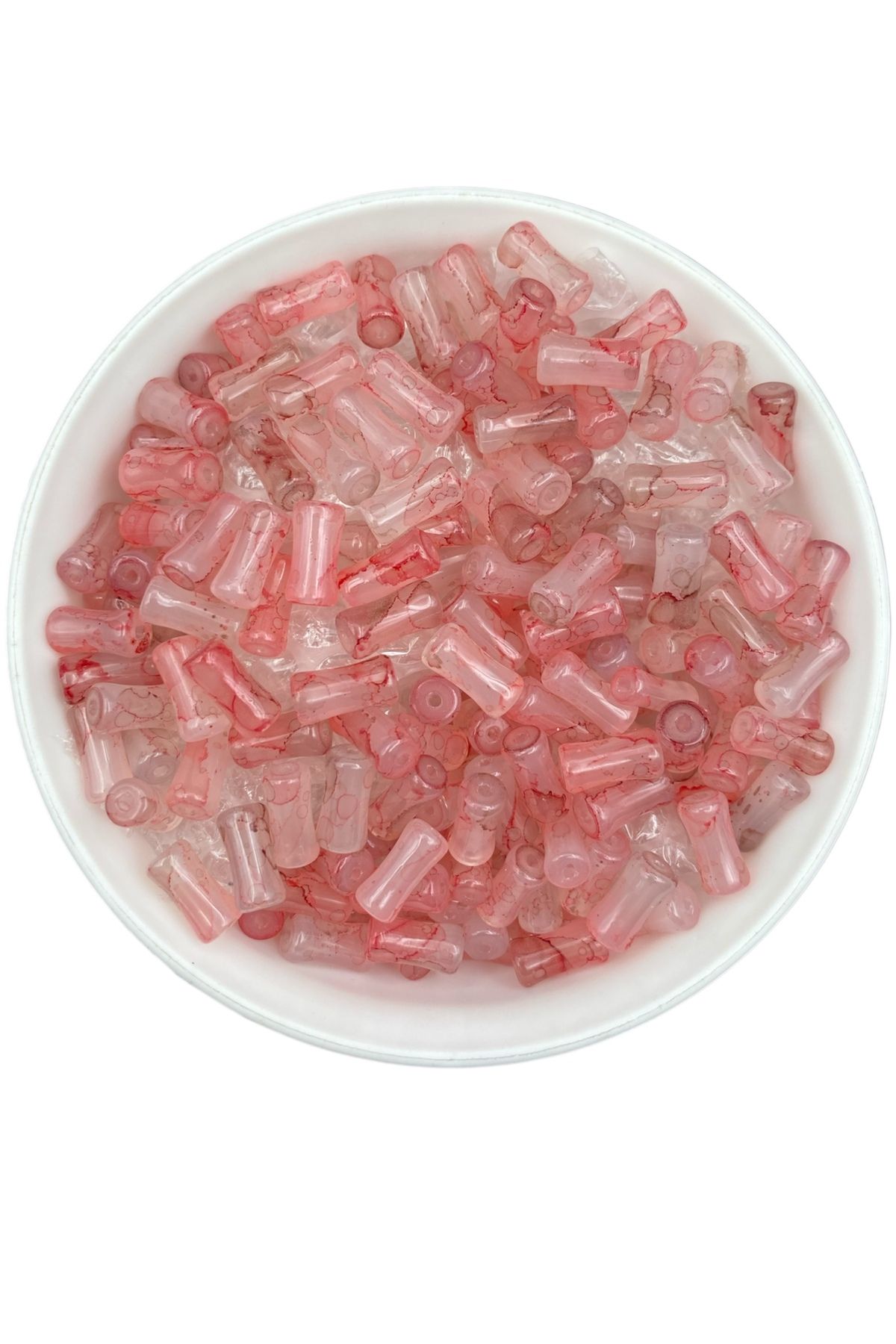 Hedef Bijuteri 50gr Cam Çubuk Kemik Silindir Model Fuşya Pembe Ebruli Boncuk Takı,Hobi, Boncuğu (50gr, ~70 adet)