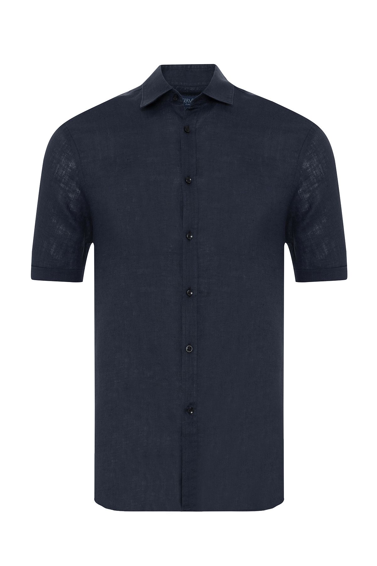 Germirli Lacivert Soft Yaka Tailor Fit Kısa Kol Keten Gömlek