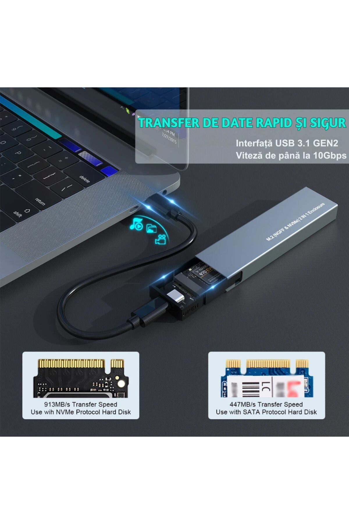 LUVLU-SSD Portable Enclosure Adapter M.2 NVMe/NGFF Compatible M Key/B+M Key, USB 3.1 Gen 2 (10 Gbps) 7