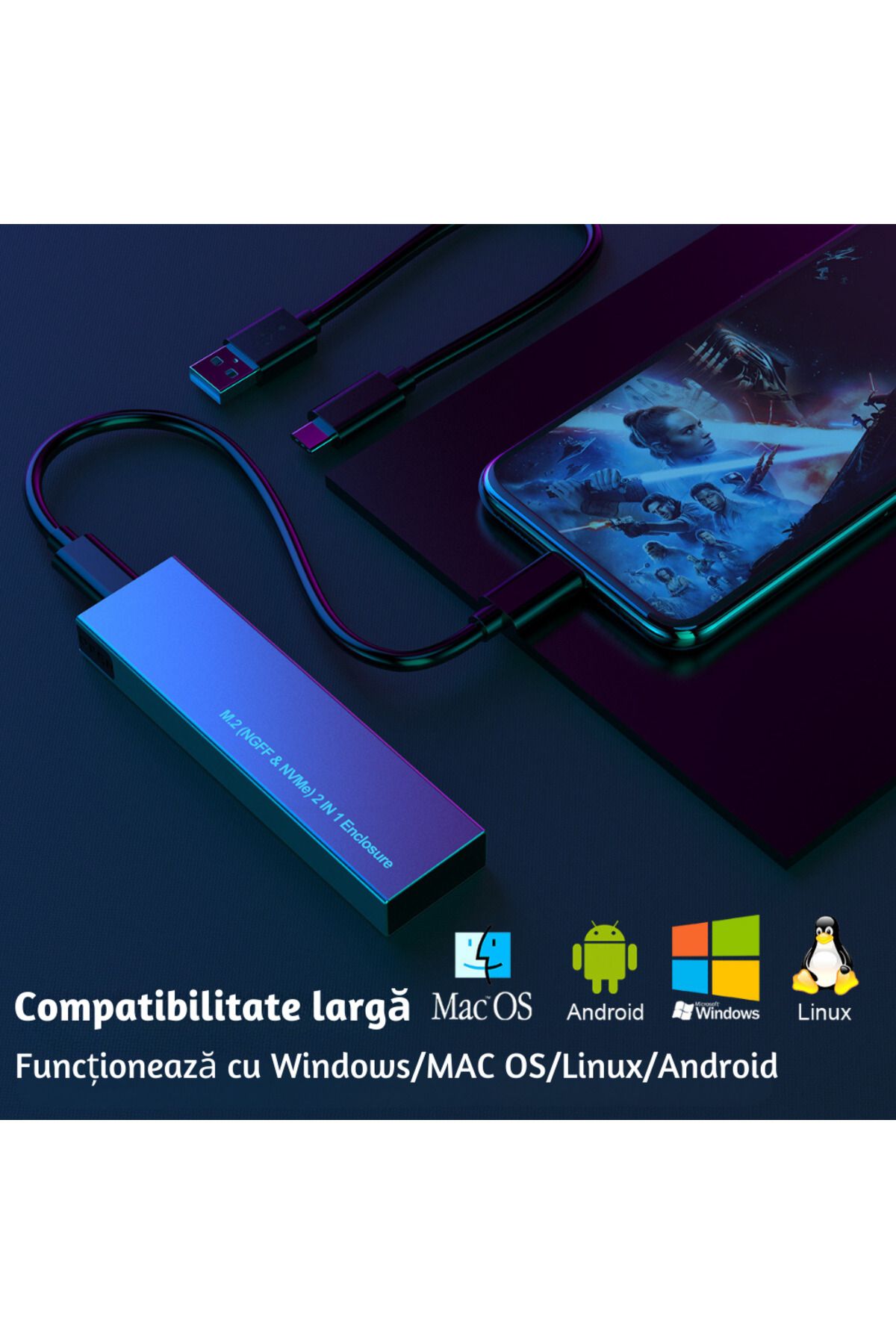 LUVLU-SSD Portable Enclosure Adapter M.2 NVMe/NGFF Compatible M Key/B+M Key, USB 3.1 Gen 2 (10 Gbps) 3