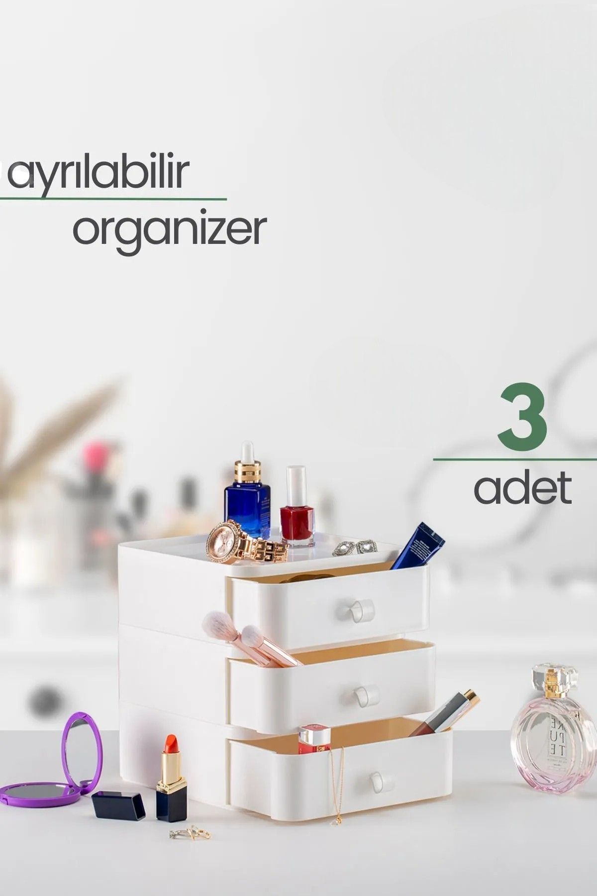 hemlife Makyaj Organizer Kutusu 3 Çekmeceli Takı Makyaj Organizer Düzenleyici Kutu