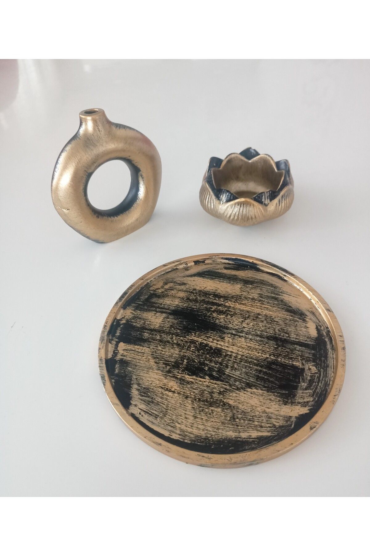 FOUR EF AKSESUAR FOUR EF Dekoratif Polyester Mumluk Vazo 3 parça set Gold