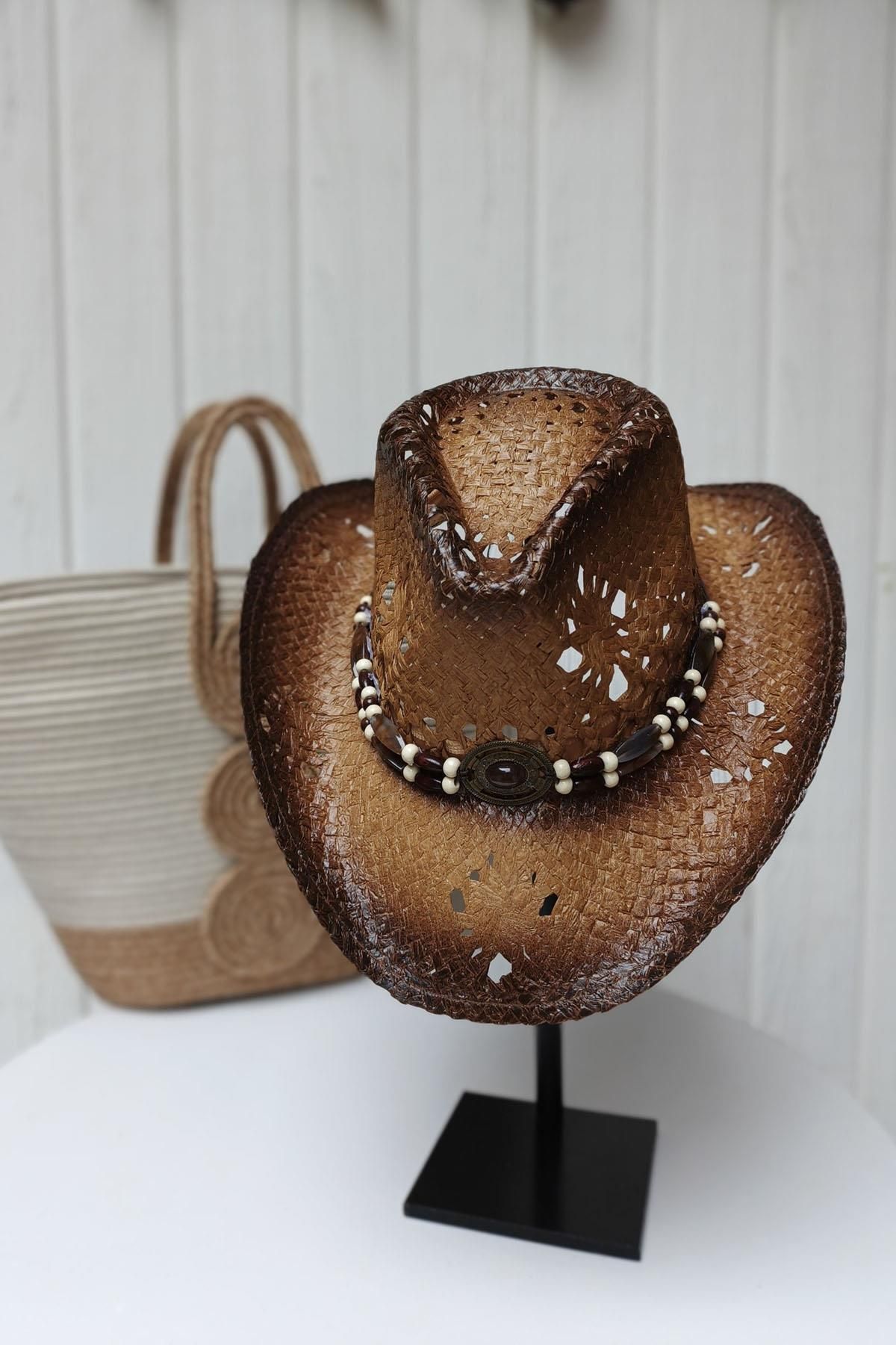 Eswomes Tahta Boncuk Detay Unisex Hasır Şapka Camel-a.kahve