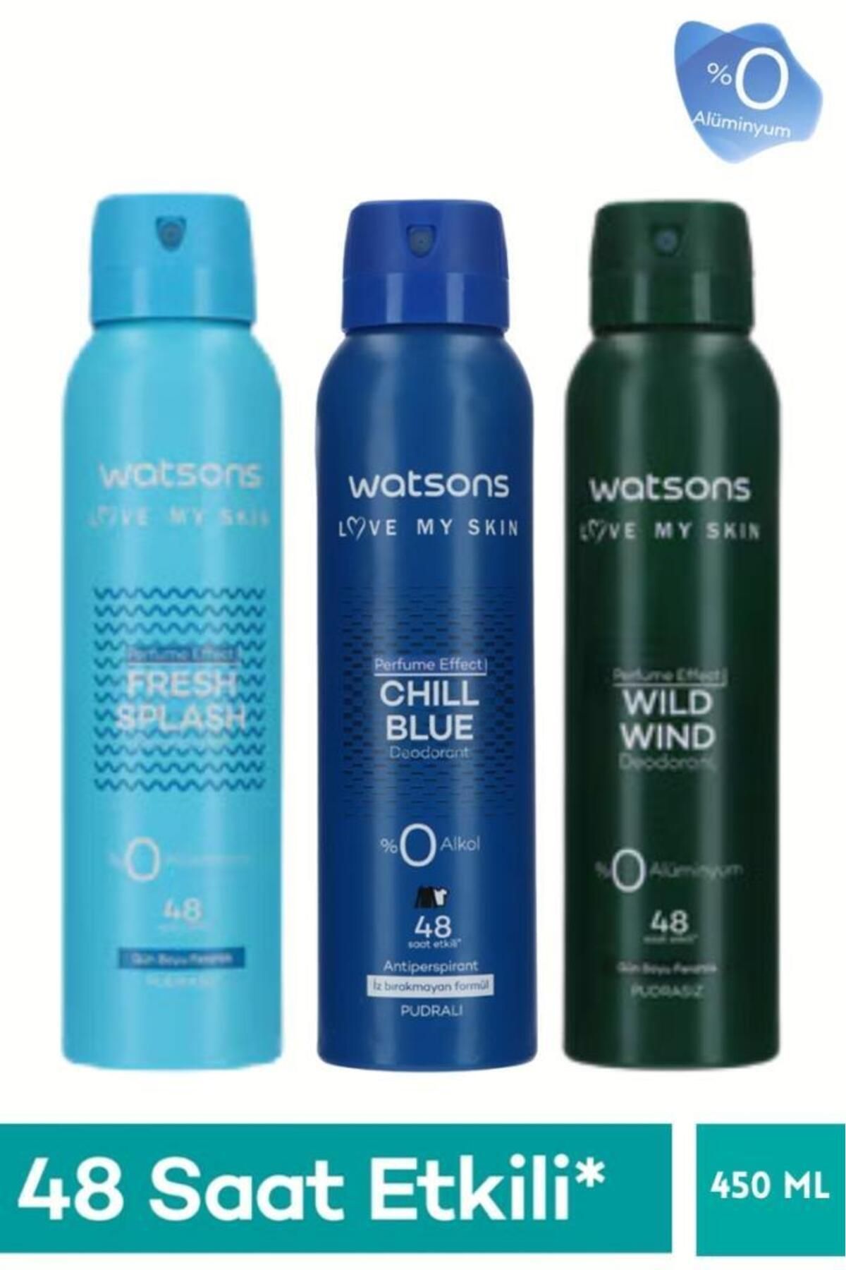 Watsons 3’lü Erkek Deodorant Seti – Chill Blue Pudralı Wild Wind Fresh Splash Pudrasız 150ml