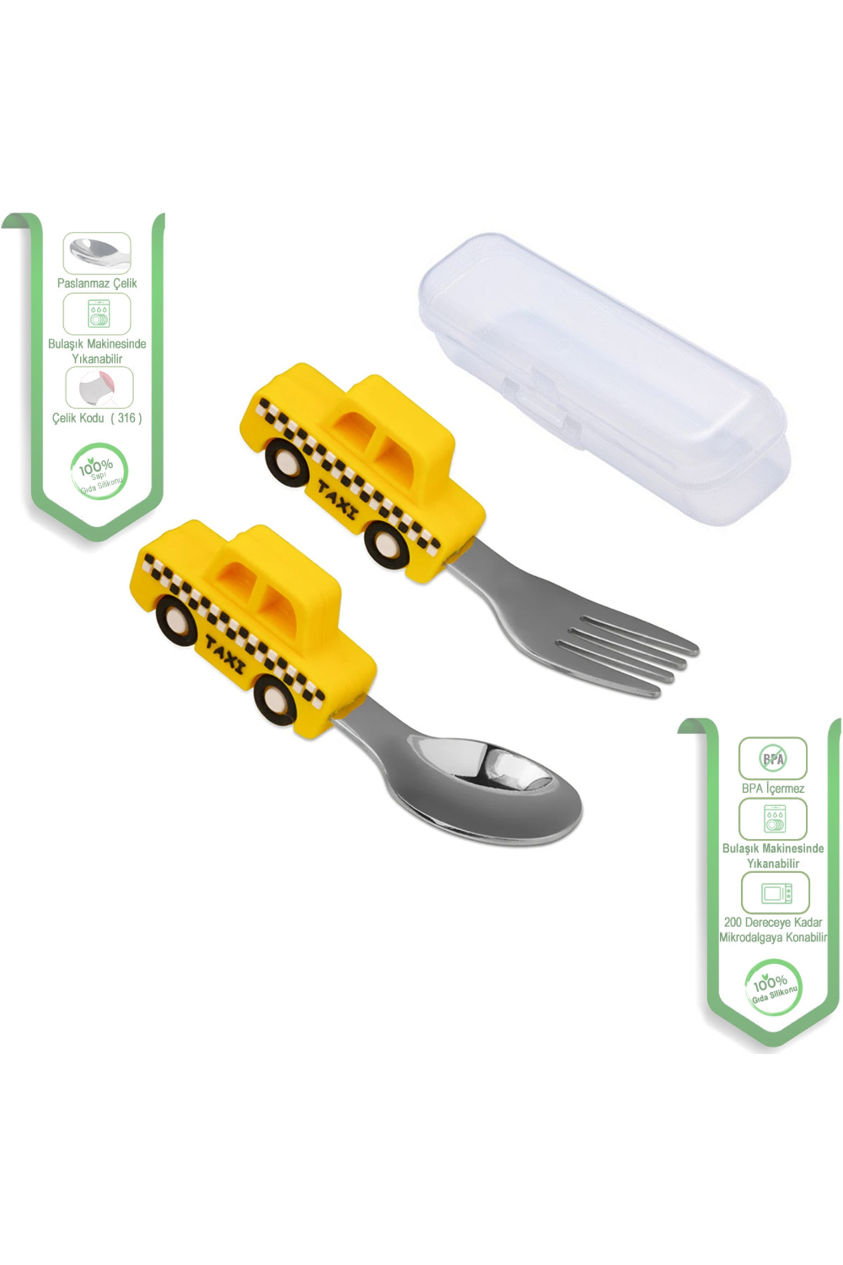 jojobebek Taksi Figürlü Premium Bebek BPA Free Kaliteli Silikon Saplı Paslanmaz Çelik Uçlu Kaşık-Çatal Seti fotoğrafı 5 (önizleme)