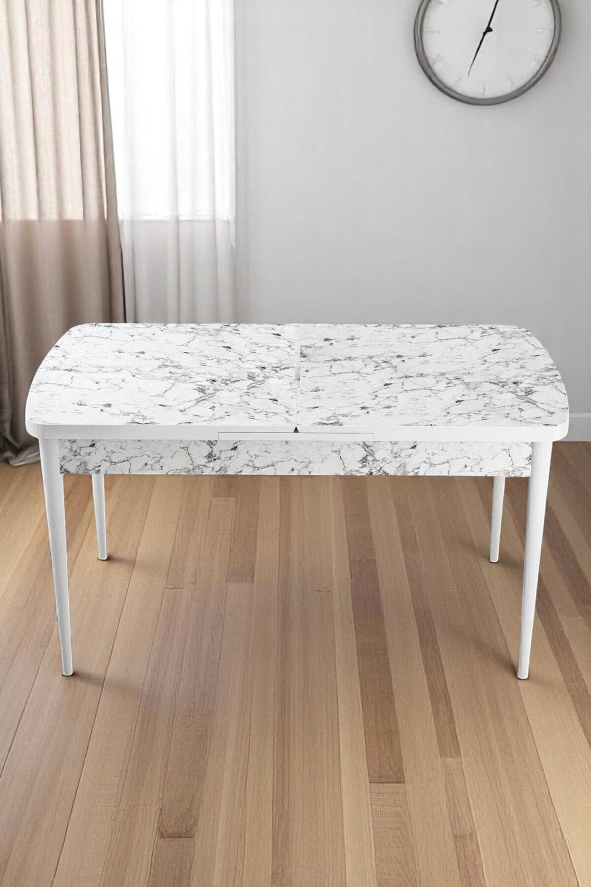 Kaktüs Avm Milas Serisi 80 x 132 Açılabilen Beyaz Mermer MDF Mutfak Masası, Yemek Masası Metal Ayak