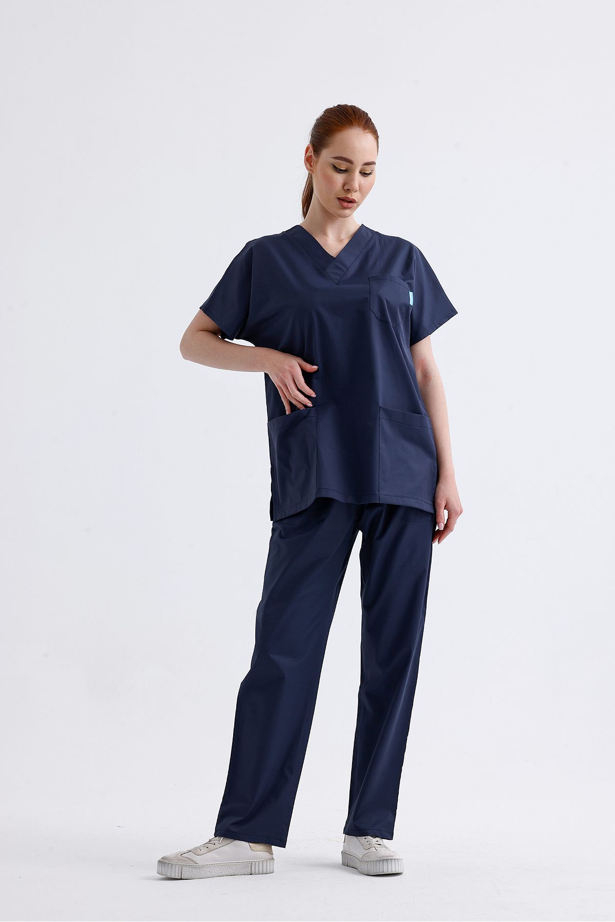 Cartellini Lacivert Likralı Unisex Yarasa Kol Hemşire Ve Doktor Forması Takımı Scrubs