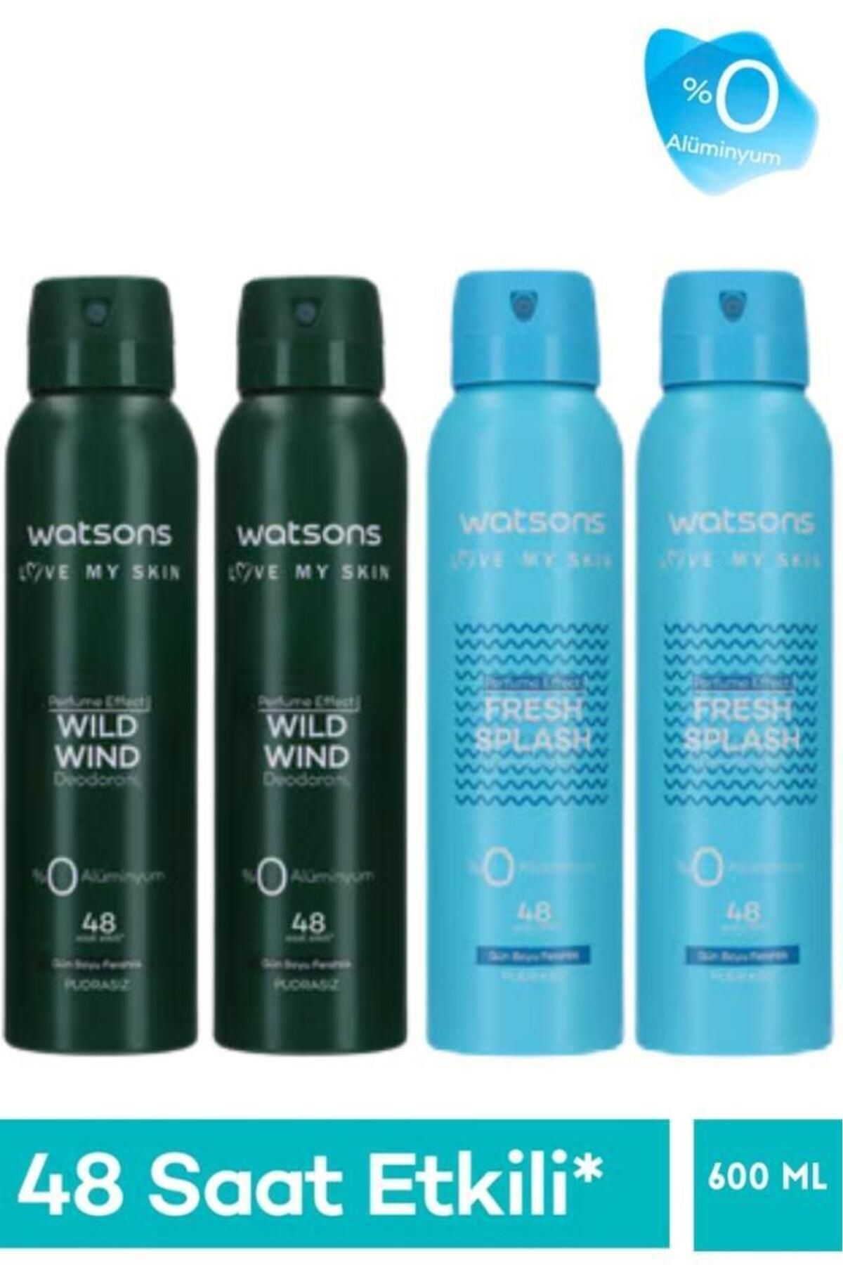 Watsons Deodorant 4’lü Set – Wild Wind x2 + Fresh Splash x2 Pudrasız Erkek Vücut Spreyi 150 ml