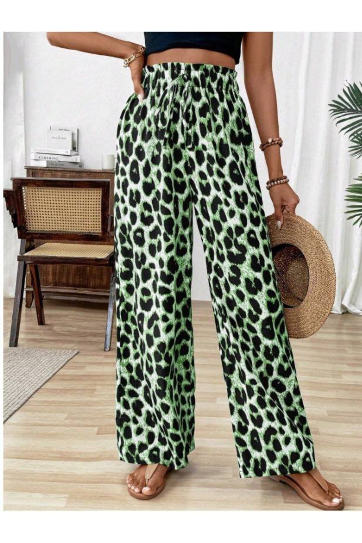 Eserden Kadın Süprem Kumaş Beli Lastikli Leopar Desen Pantolon