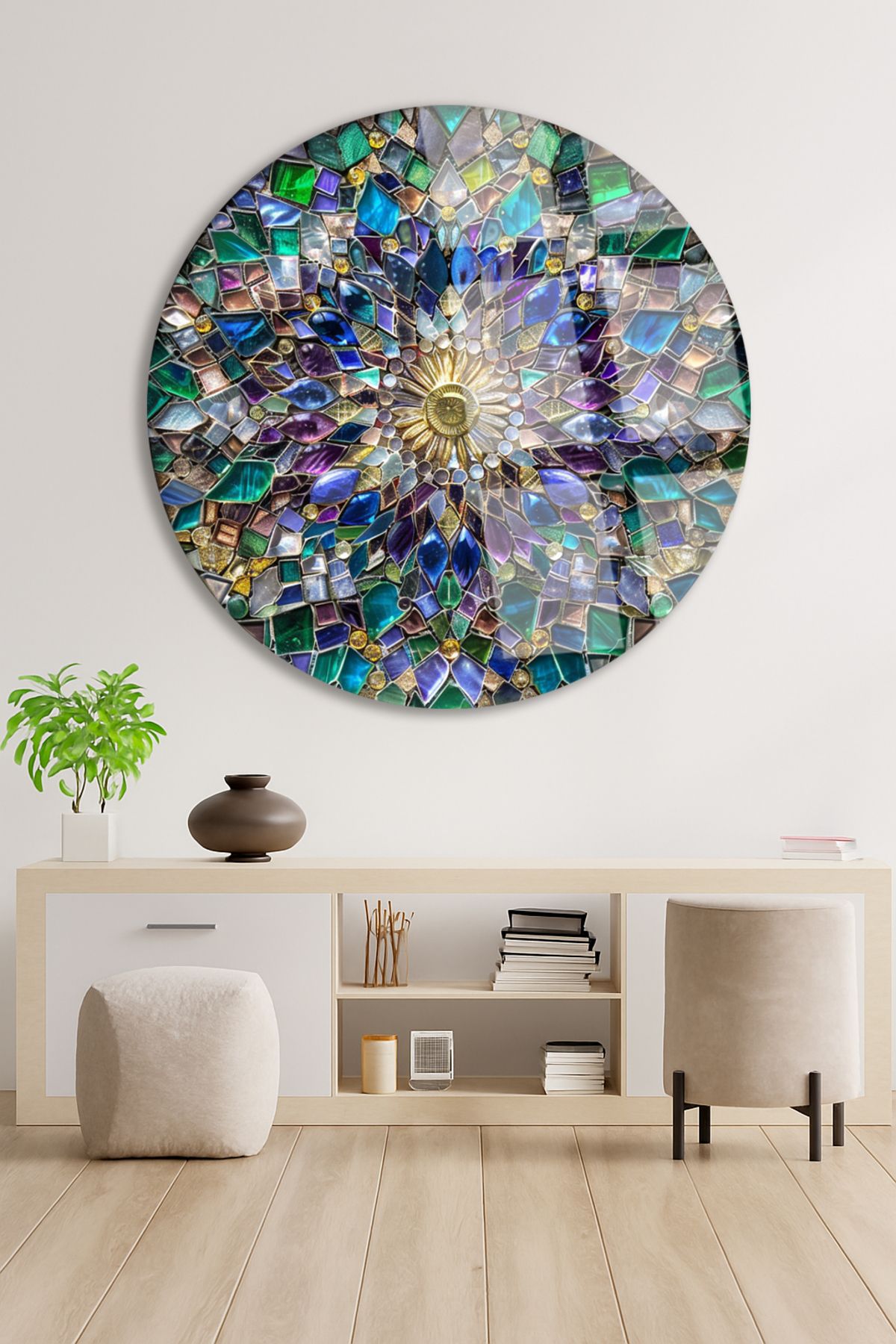 TAULART Renkli Vitray Parçalarıyla Oluşturulmuş Yuvarlak Kırılmaz Cam Tablo Modern Tablo Ev Hediyesi Tablo