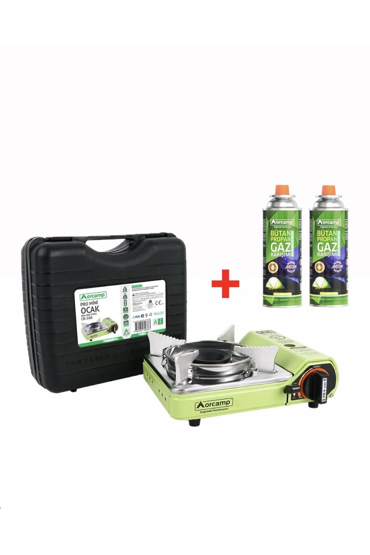 Orcamp Tekli Mini Portatif Kamp Ocak ve 2 Adet 227 gr Gaz Kartuş Seti Yeşil