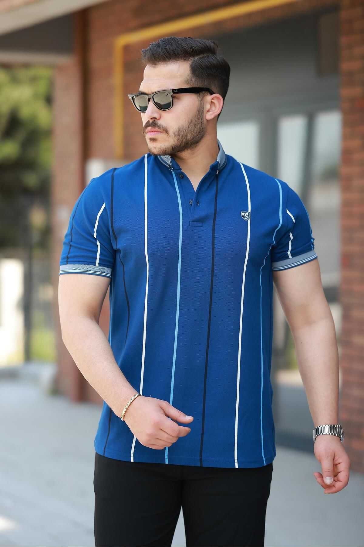 Miron İndigo Dikey Çizgili Polo Yaka Kısa Kollu Tişört- 2502