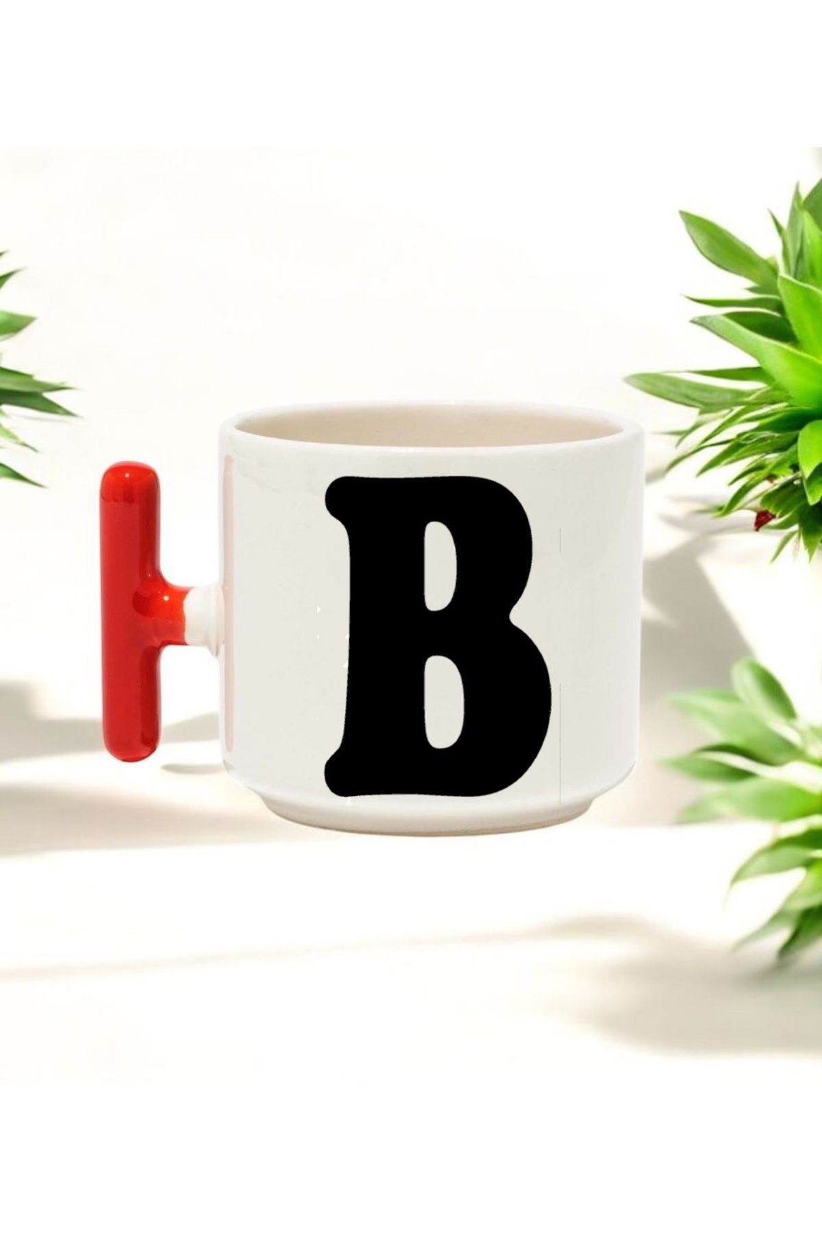 BB TRADE B Harfli Tasarımlı Kırmızı T Kulplu Seramik Baskılı Kupa Bardak 250 ML