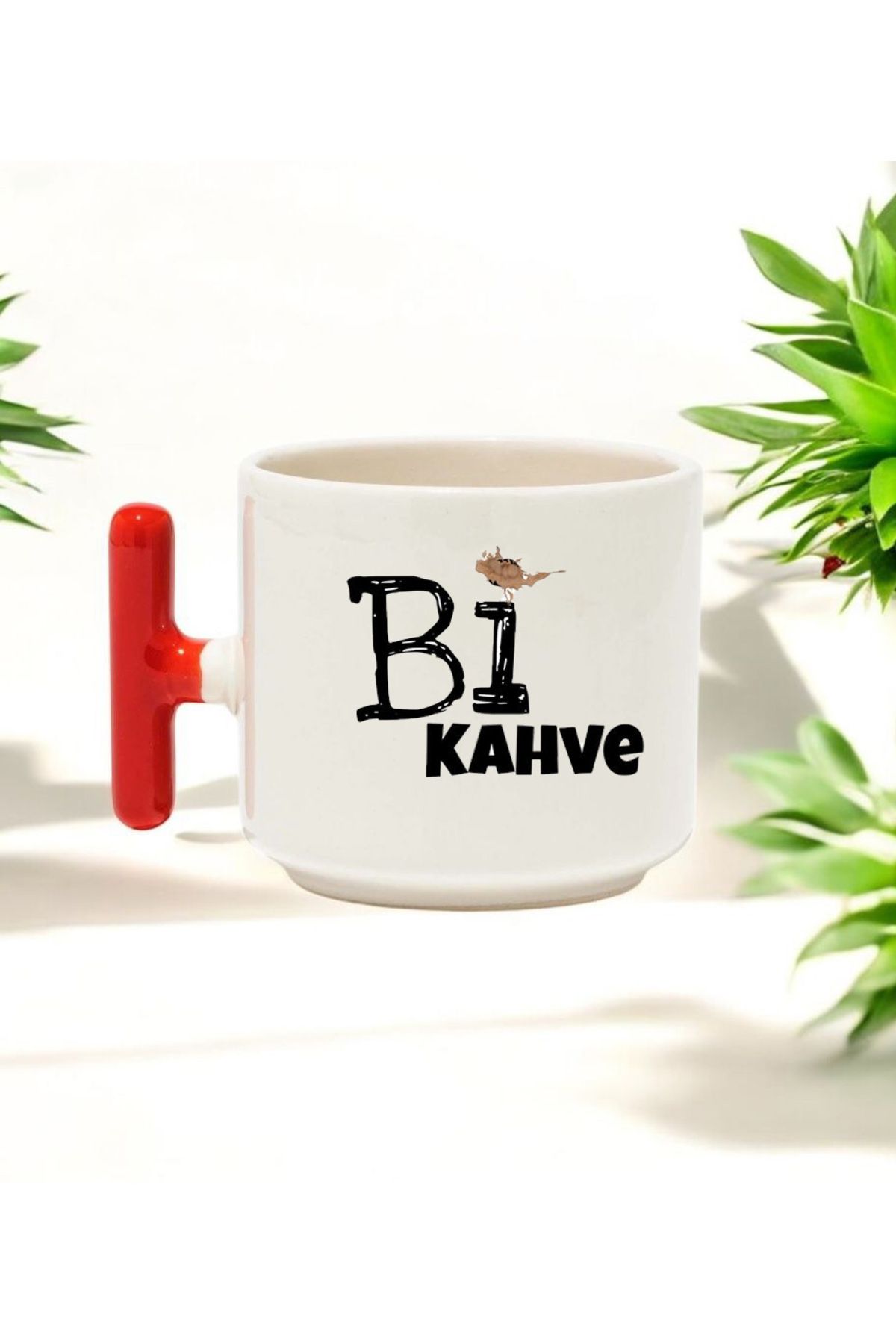 BB TRADE Bİ Kahve Söz Tasarımlı Kırmızı T Kulplu Seramik Baskılı Kupa Bardak 250 ML