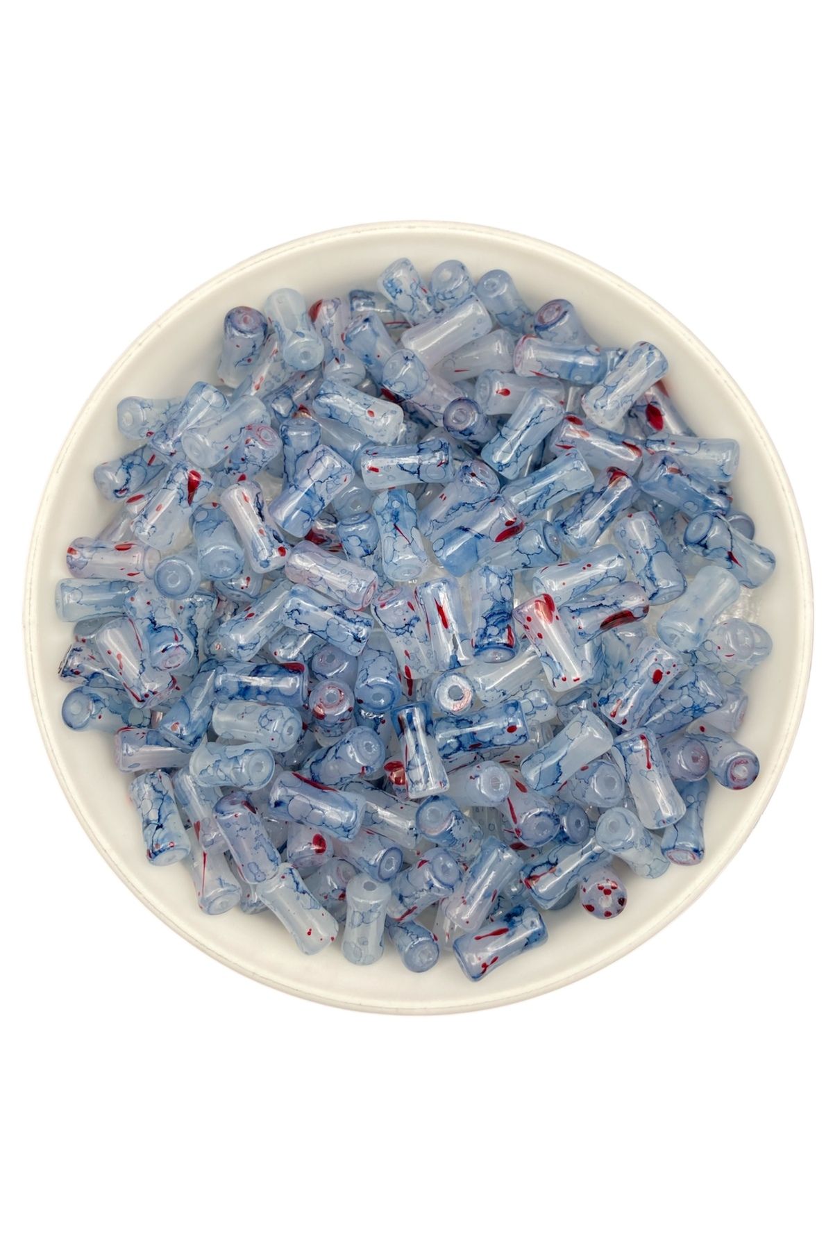 Hedef Bijuteri 50gr Cam Çubuk Kemik Silindir Model Mavi Kırmızı Ebruli Boncuk Takı,Hobi, Boncuğu (50gr, ~70 adet)