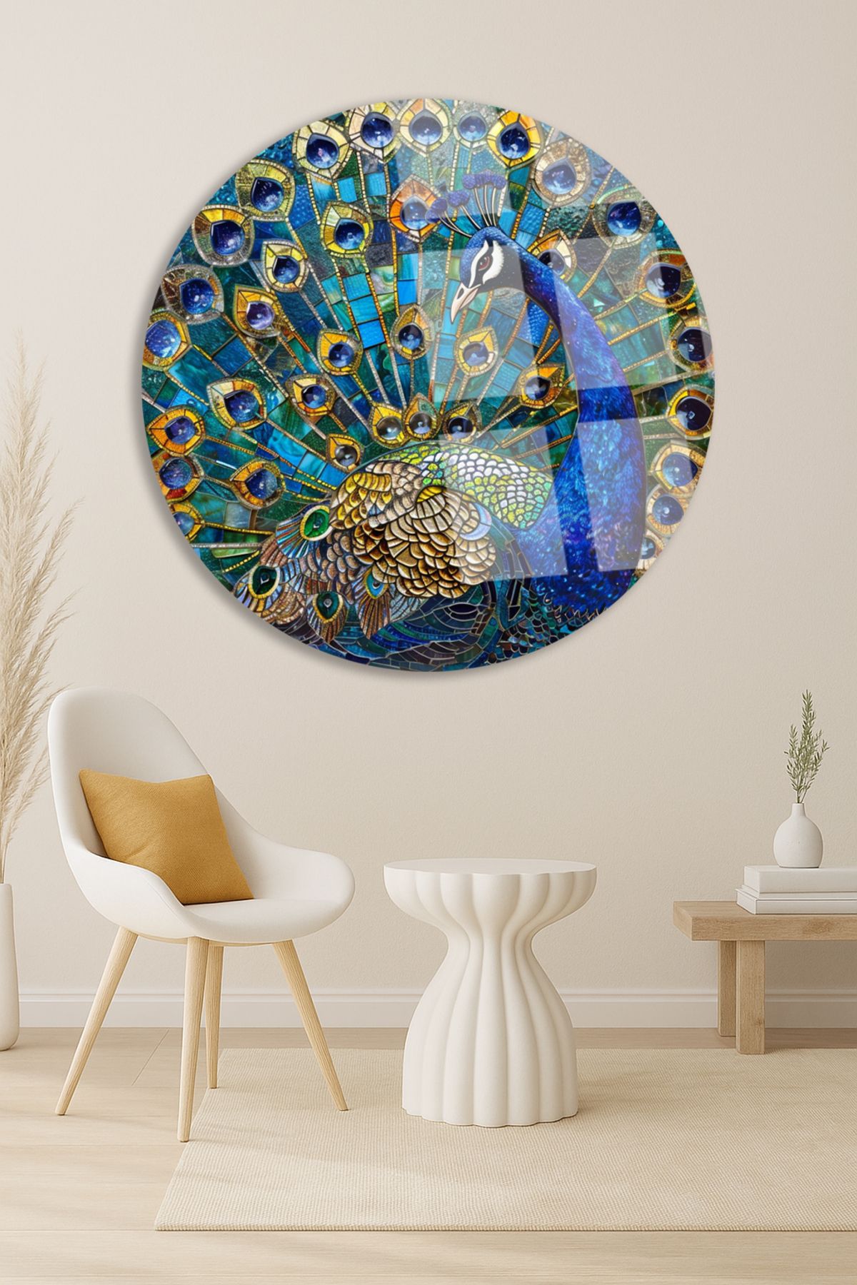 TAULART Vitray Efektli Gösterişli Tavus Kuşu Yuvarlak Kırılmaz Cam Tablo Modern Tablo Ev Hediyesi Tablo