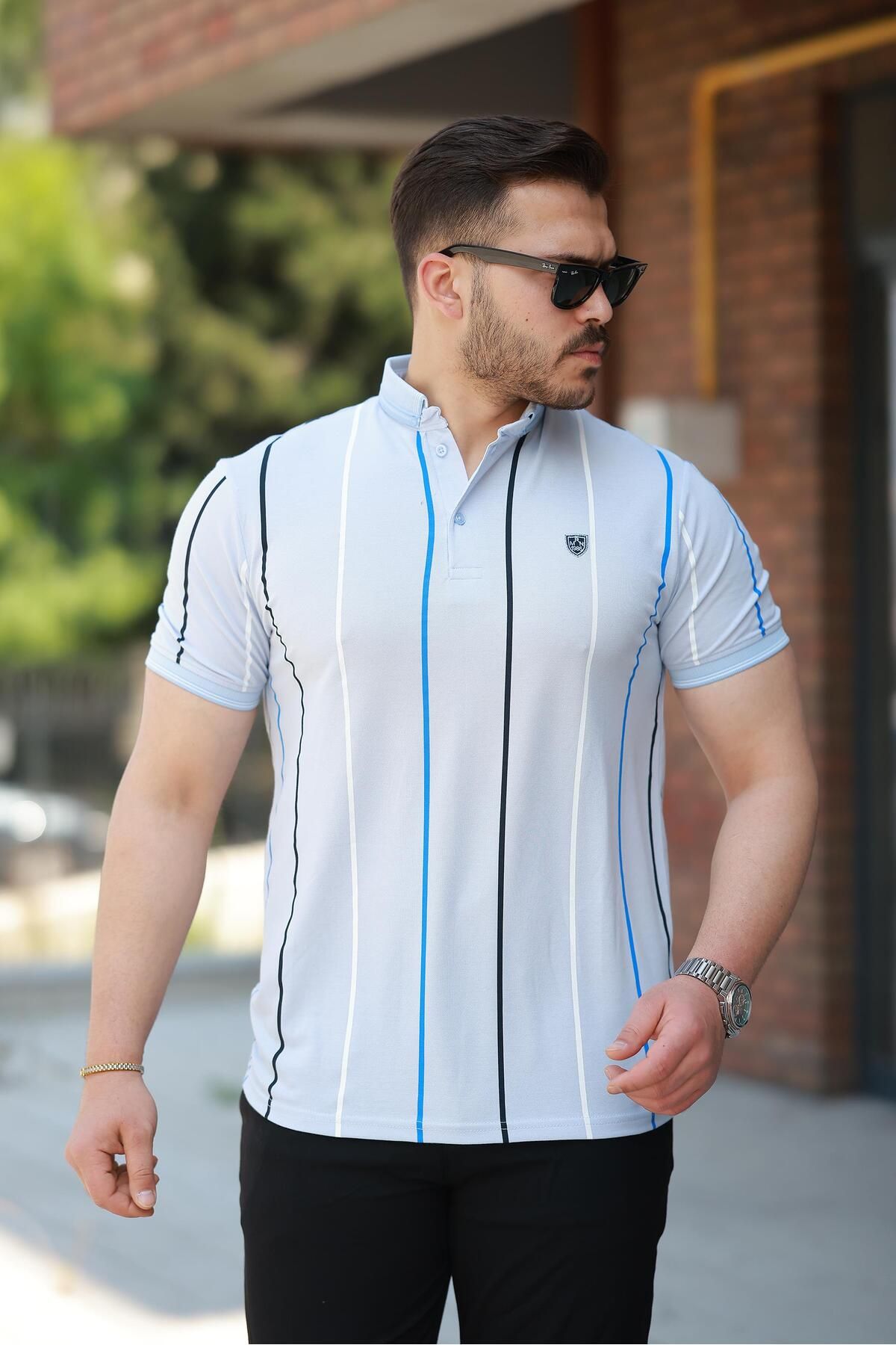 Miron Buz Mavisi Dikey Çizgili Polo Yaka Kısa Kollu Tişört- 2502