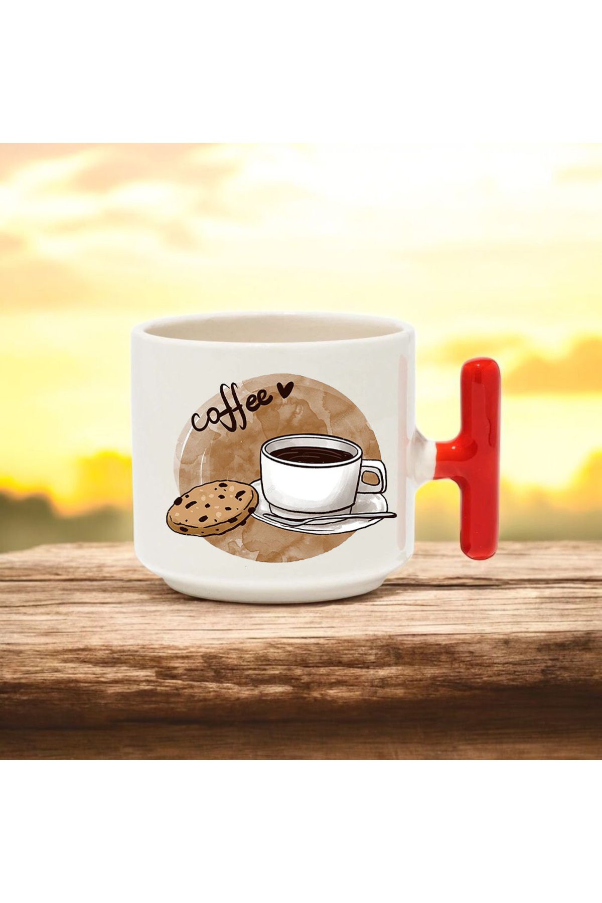 BB TRADE Coffe Görsel Tasarımlı Kırmızı T Kulplu Seramik Baskılı Kupa Bardak 250 ML